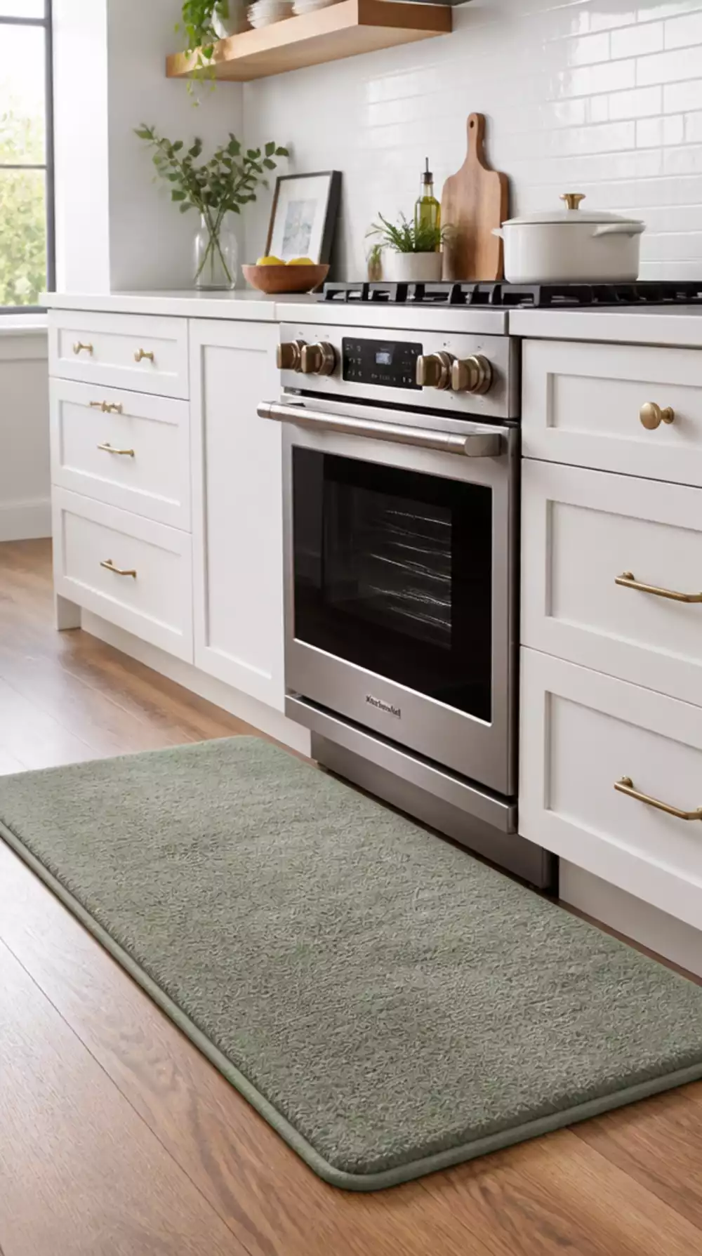 Plush Kitchen Standing Mat in Sage Green Near the Hob and Prep Area