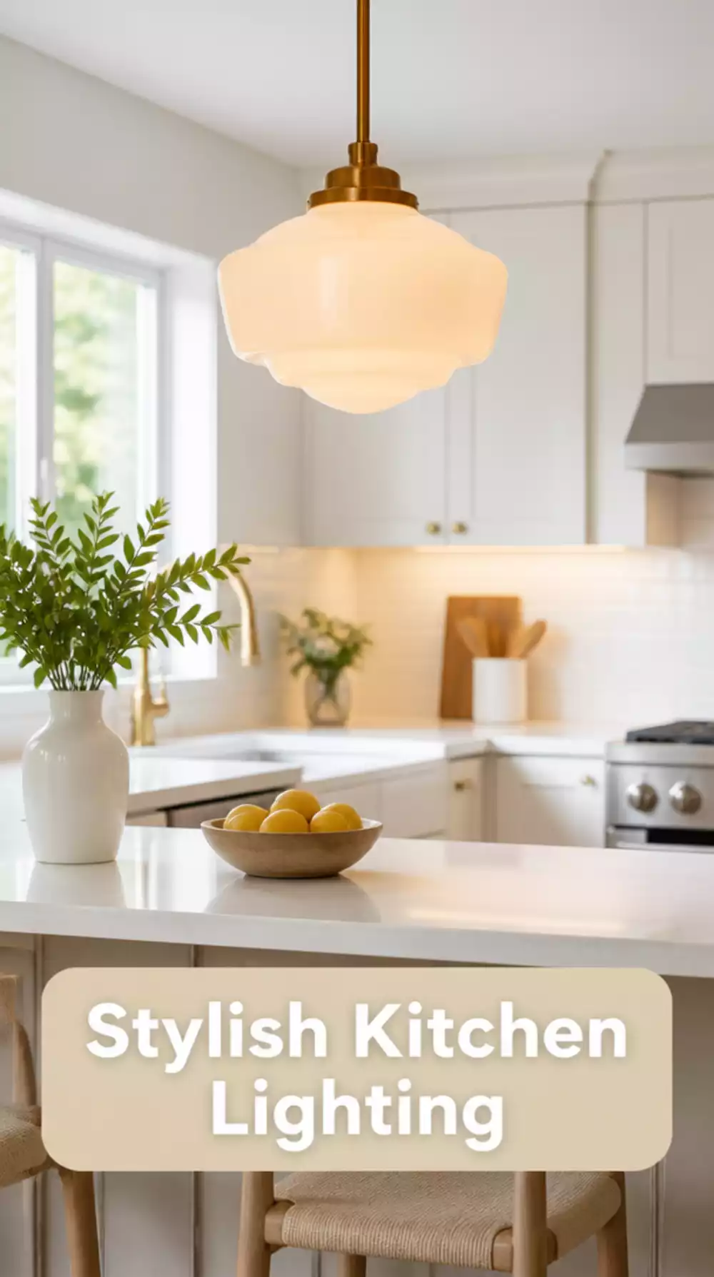 White Kitchen Pendant Light in Opal Glass Above a Bright Breakfast Bar