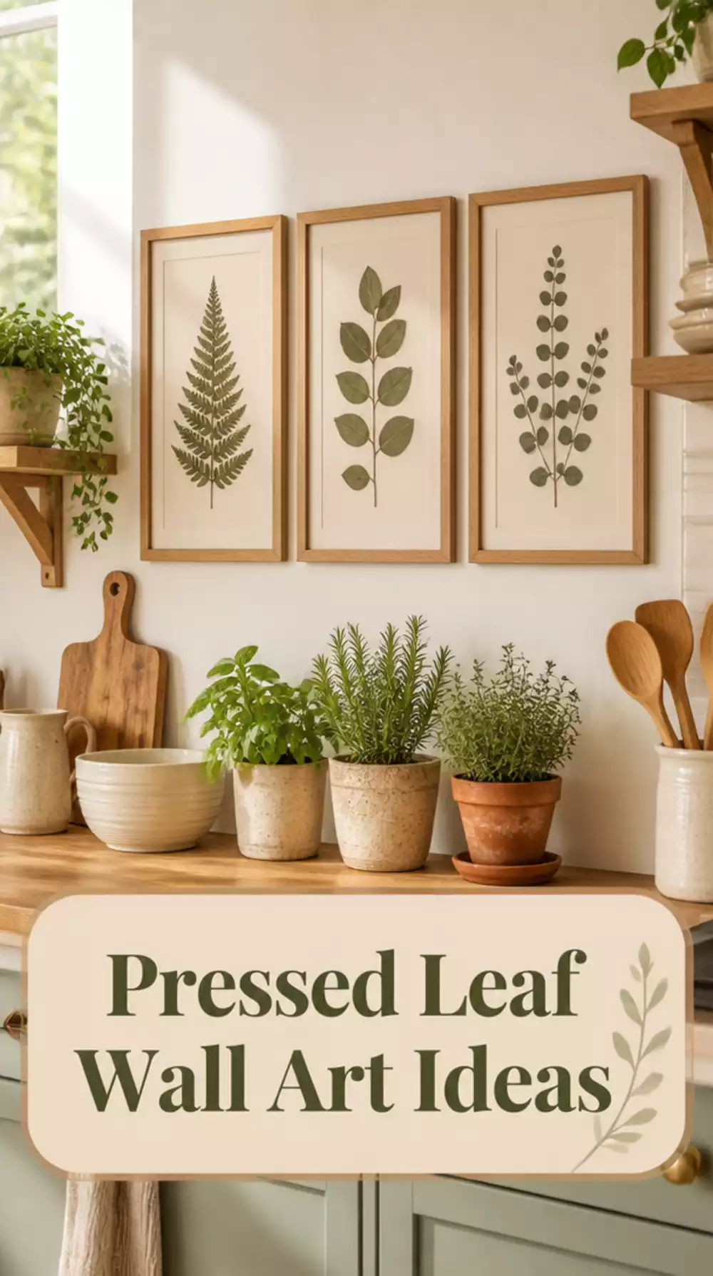 Pressed Leaf Kitchen Wall Art in a Set of Three Matching Oak Frames