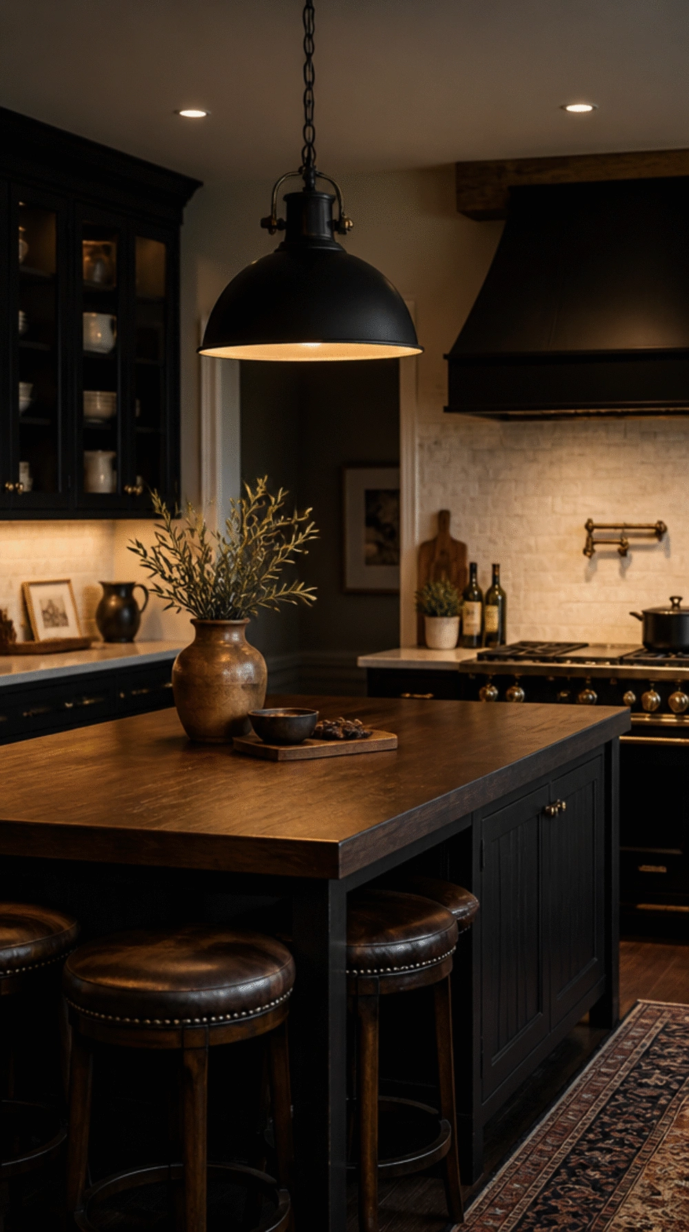 Moody Kitchen Pendant Light in Black Iron Above a Dark Wood Island