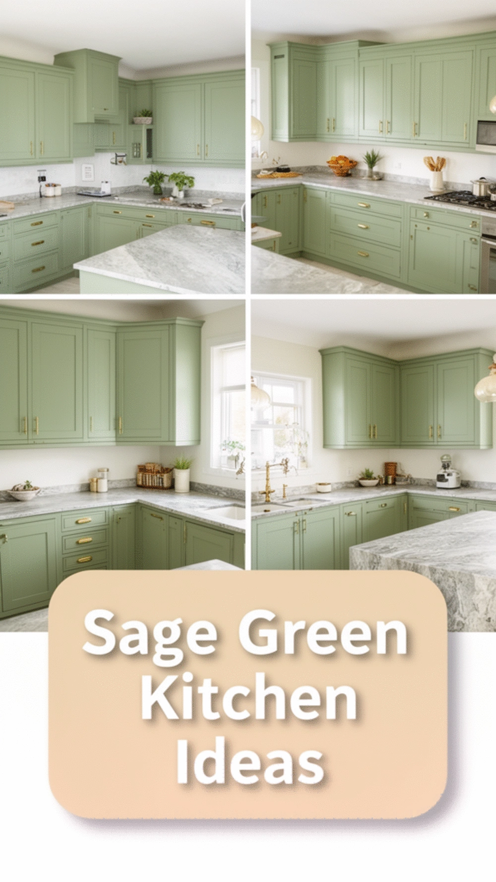 Sage Green Kitchen Cabinets with Brass Hardware and Stone Countertops