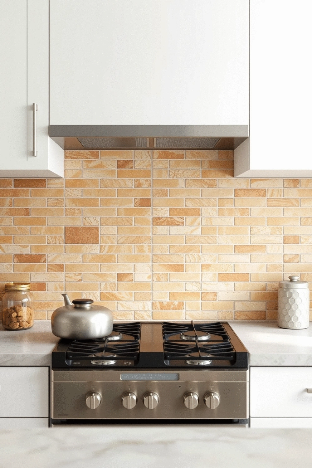 Kitchen backsplash featuring a blend of warm, neutral-toned zellige tiles with subtle texture, evoking a cozy and inviting atmosphere.