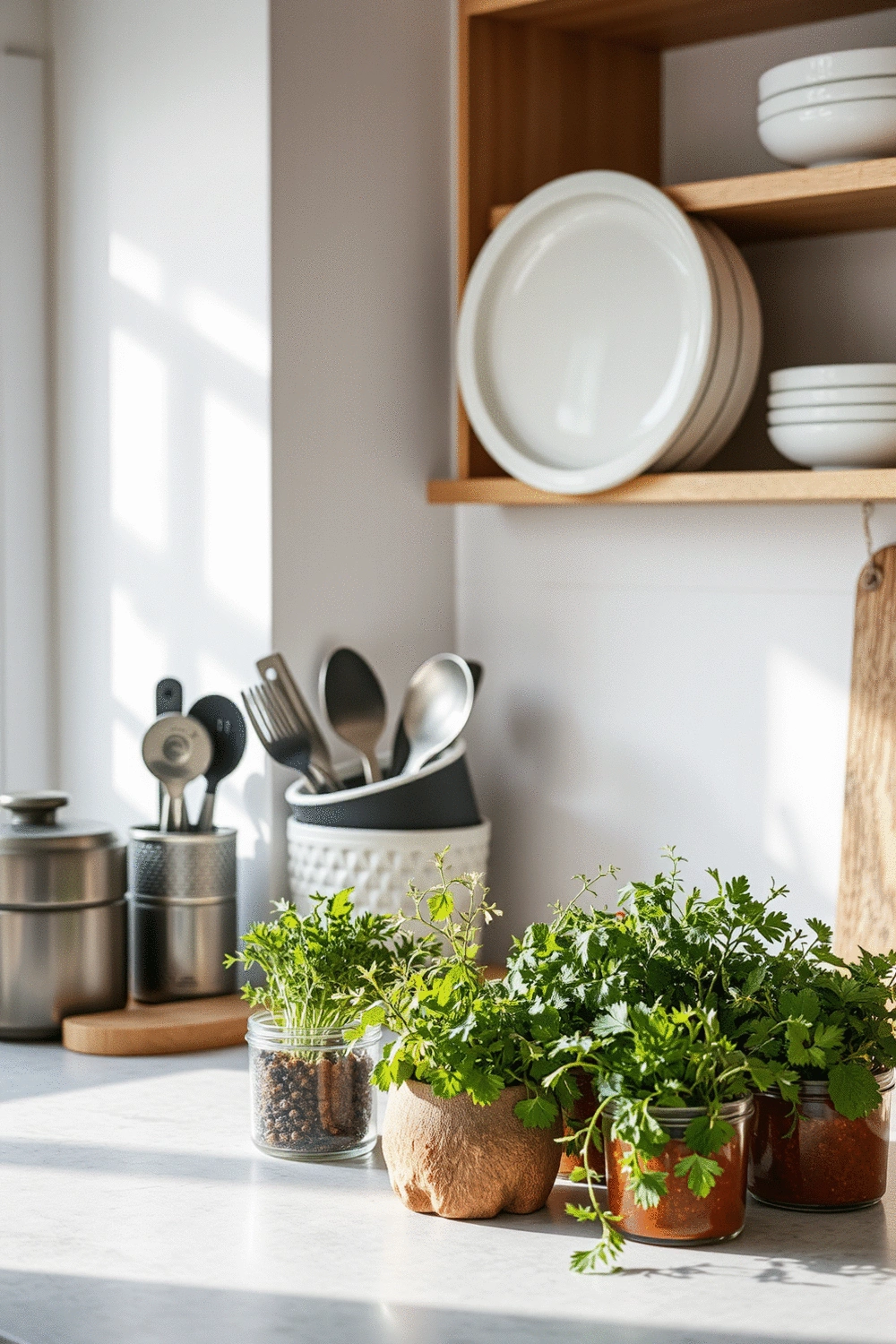 Kitchen counter with organized utensil holders, display bowls, and fresh herbs in pots, balancing style and usability.