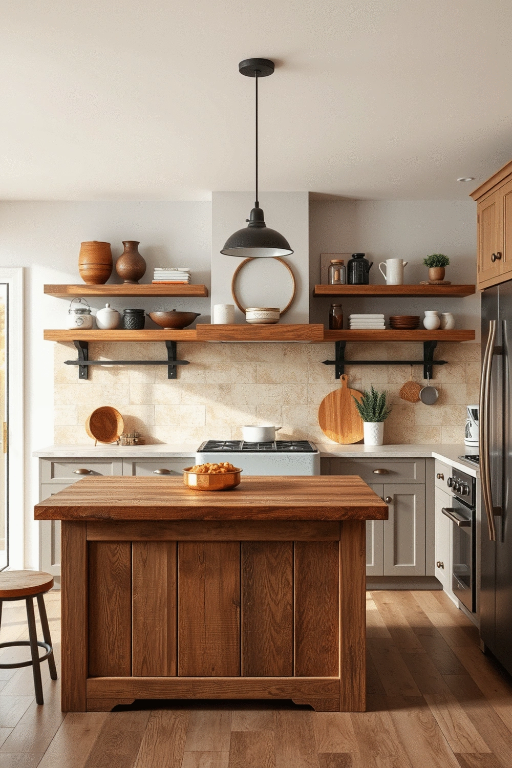 Reclaimed wood kitchen island with vintage kitchenware and rustic hardware