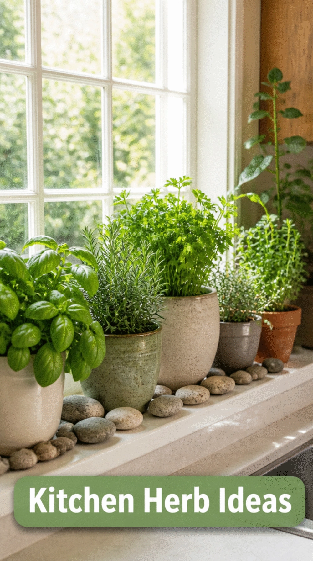 Kitchen Window with a Deep Sill Lined with Small Herb Pots and Stones