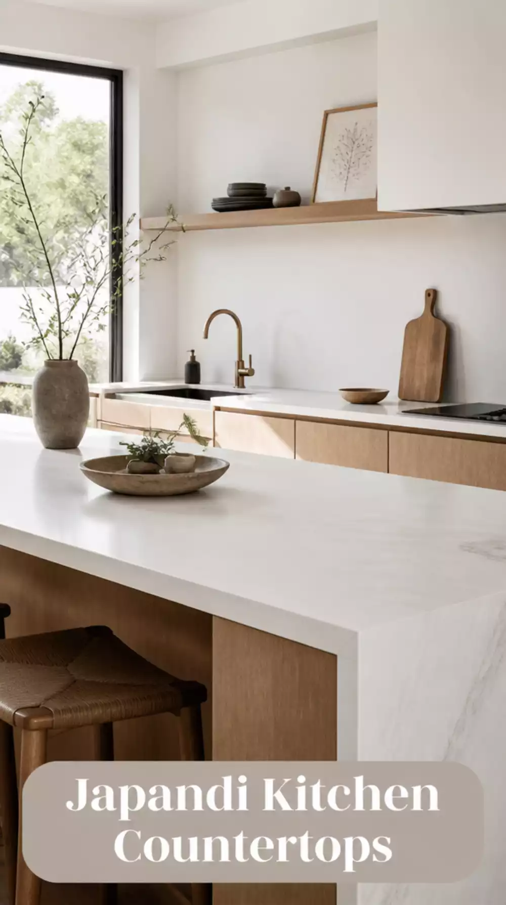 Japandi Kitchen Countertop in White Quartz with a Soft Matte Surface