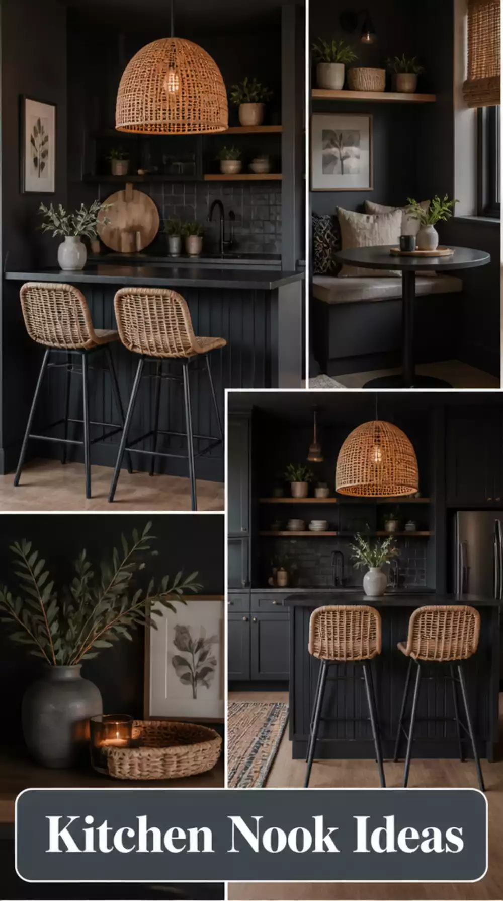Kitchen Dining Nook in Dark Charcoal with a Statement Rattan Shade Above