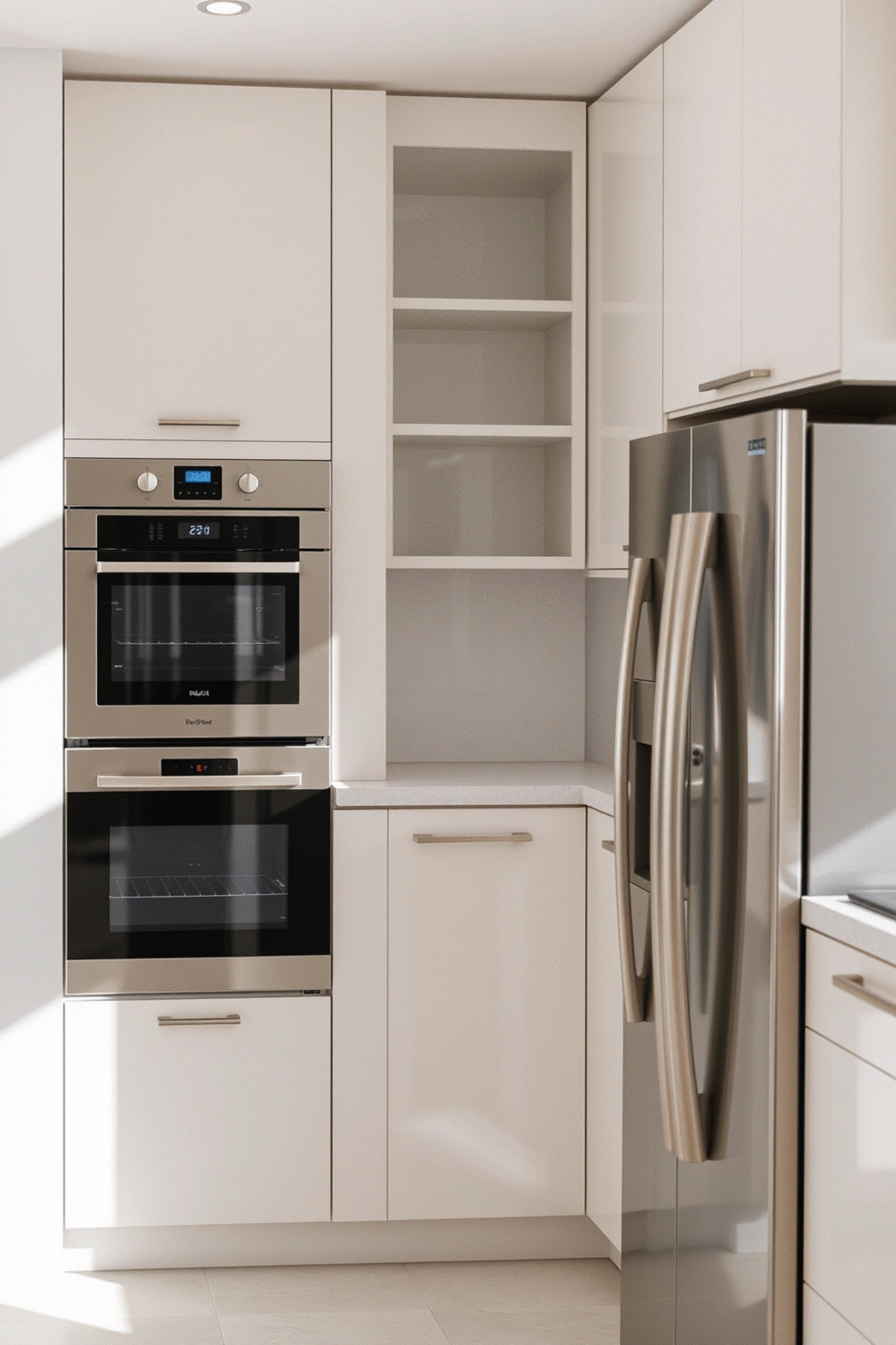 Modern kitchen appliances integrated into a compact kitchen space, showcasing smart technology