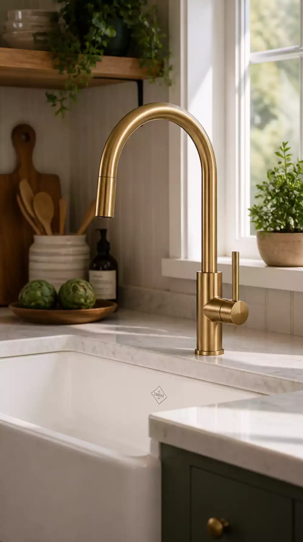 Brushed Gold Kitchen Tap Paired with a White Farmhouse Basin
