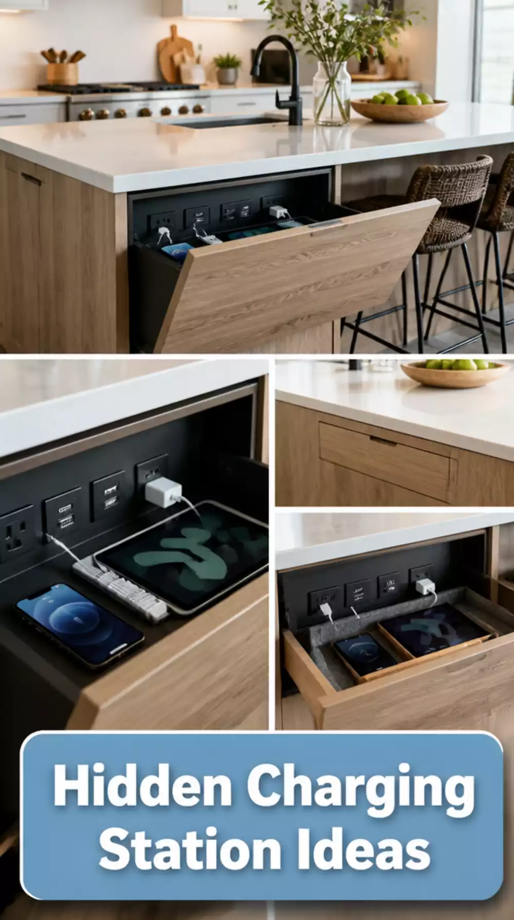 Kitchen Island with Hidden Charging Station Built into the Top