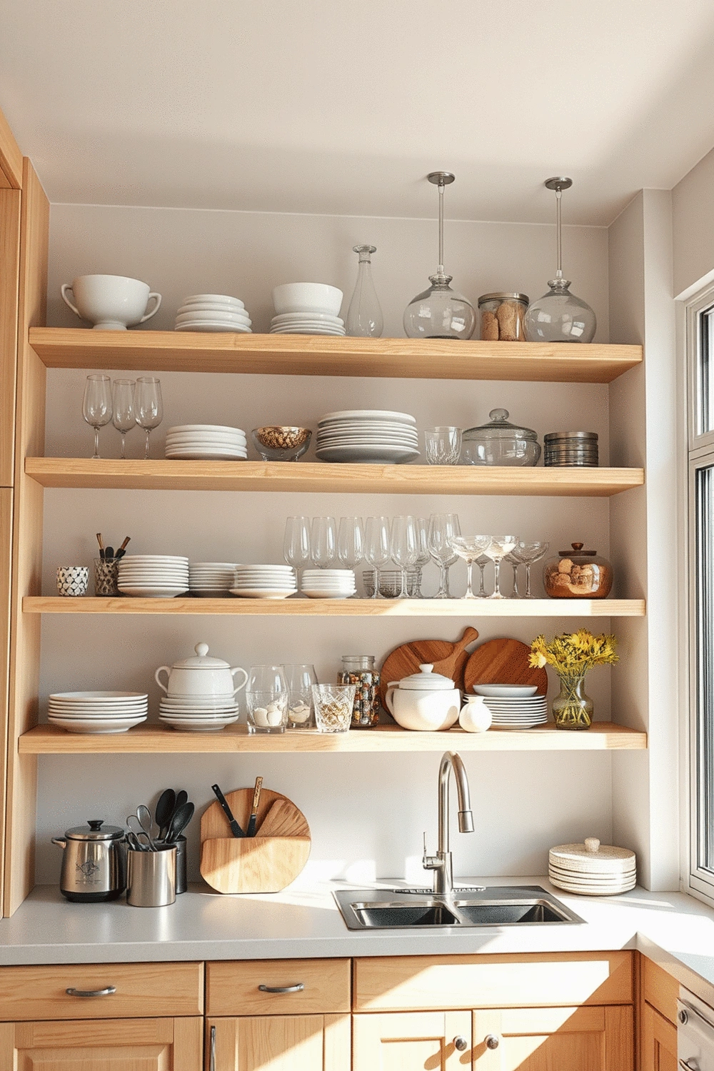 Kitchen interior with open shelving displaying neatly organized dishes and decorative elements