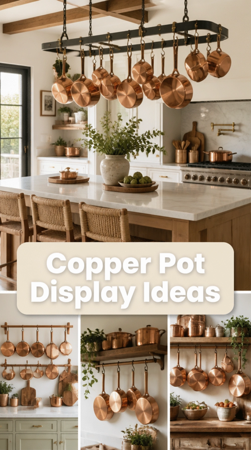 Kitchen Hanging Copper Pot Set Displayed Above the Island as Decor and Storage