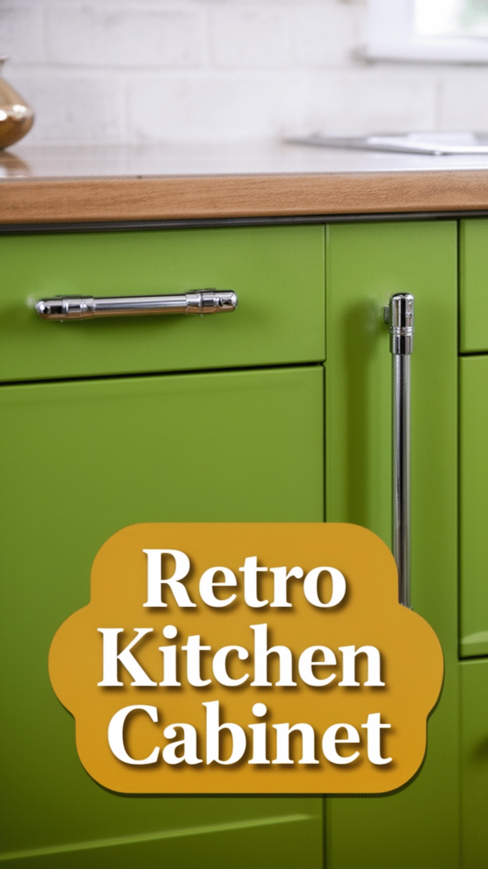 Retro Kitchen Cabinet in Avocado Green with Warm Chrome Bar Handles