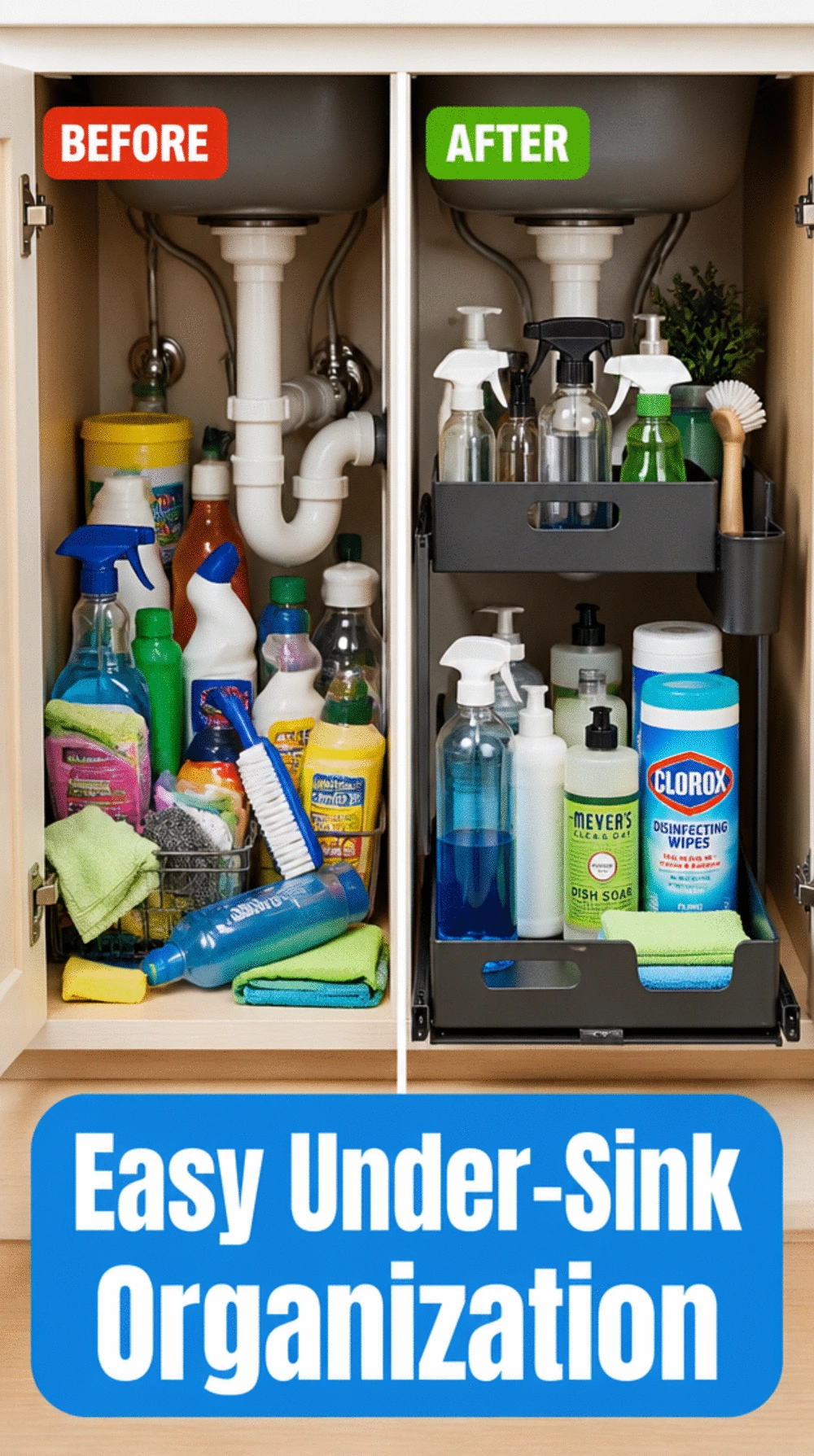 Kitchen Under-Sink Pull-Out Rack That Works Around the Plumbing Pipes