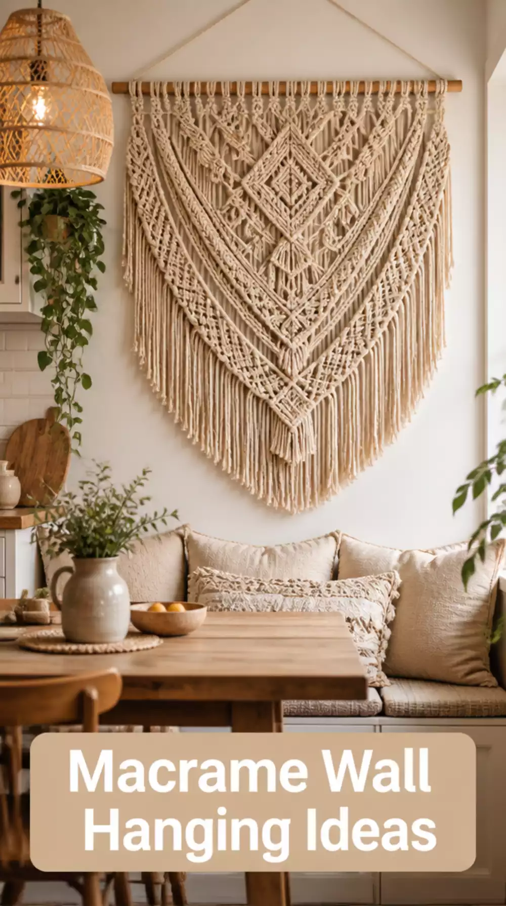 Kitchen Macrame Wall Hanging in Natural Cotton Above the Dining Bench