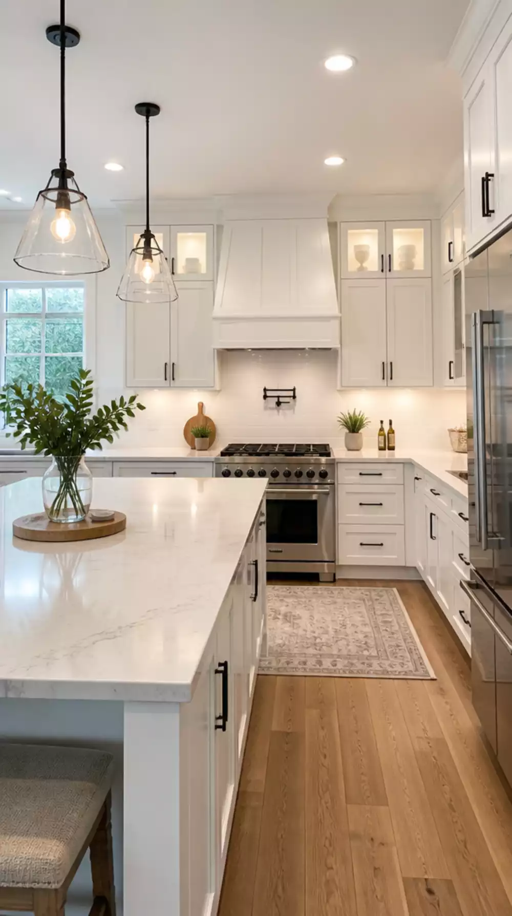 All-White Kitchen with Shaker Cabinets and a Marble Countertop Surface