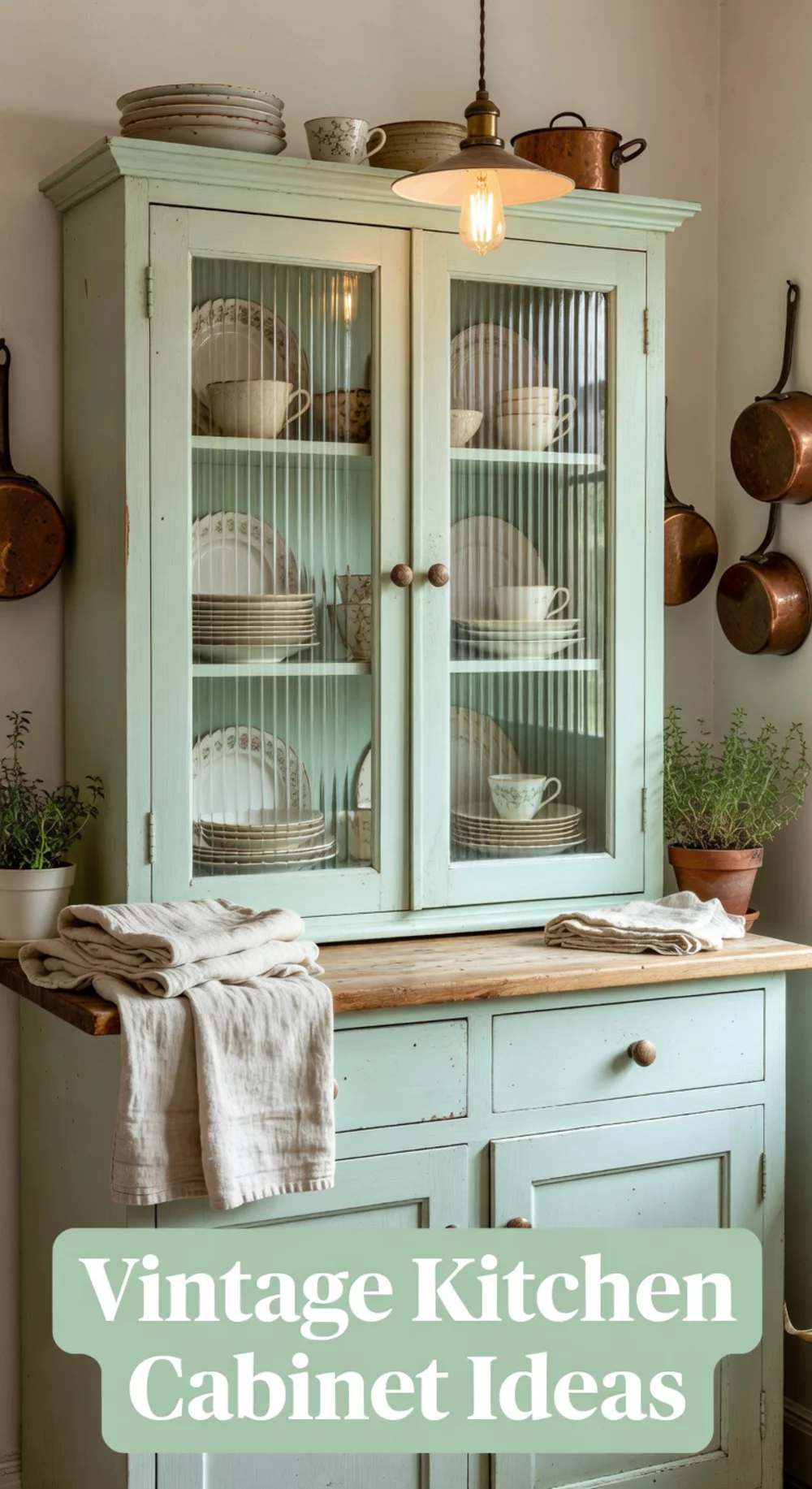 Vintage Kitchen Cabinet in Soft Mint with Fluted Glass Door Inserts
