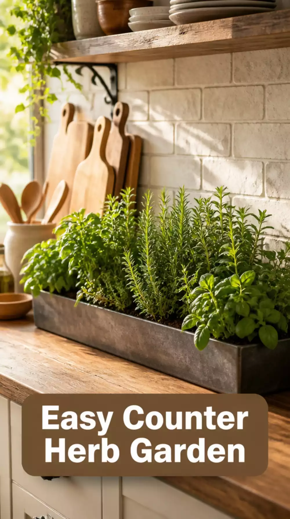 Kitchen Counter Herb Garden in a Slim Trough Planter with a Drainage Tray