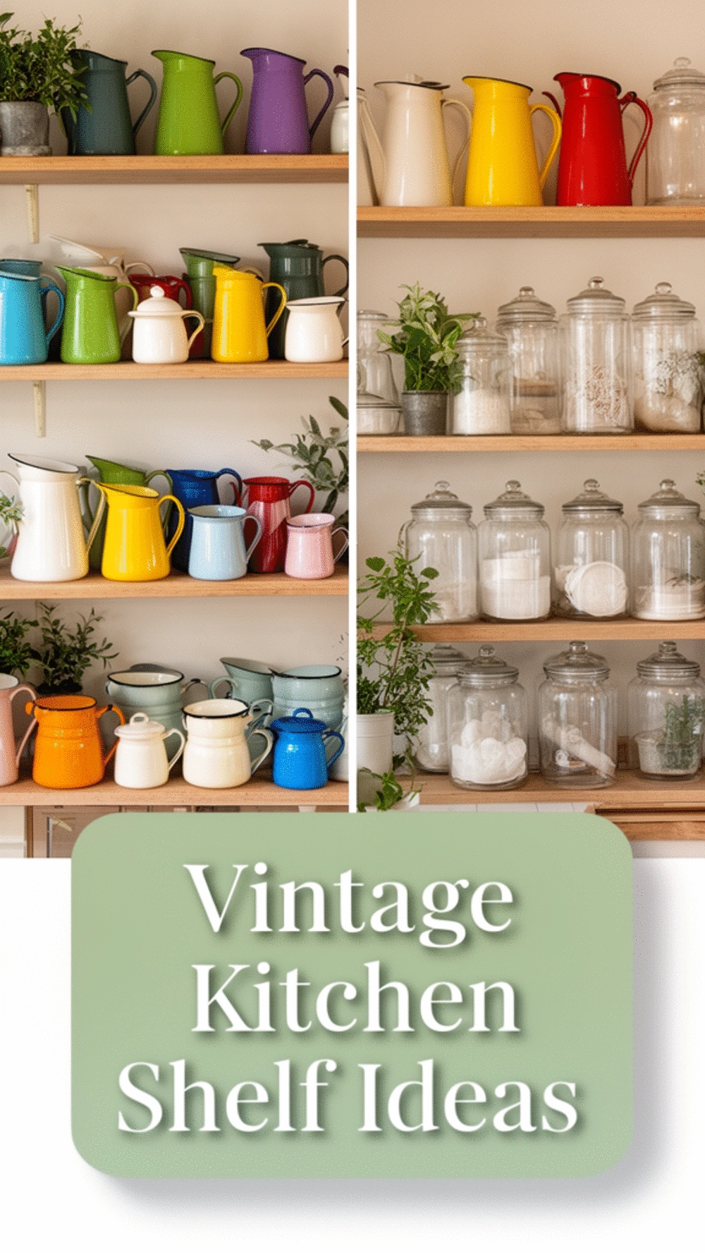 Vintage Kitchen Open Shelf Styled with Enamelware Pitchers and Glass Canisters