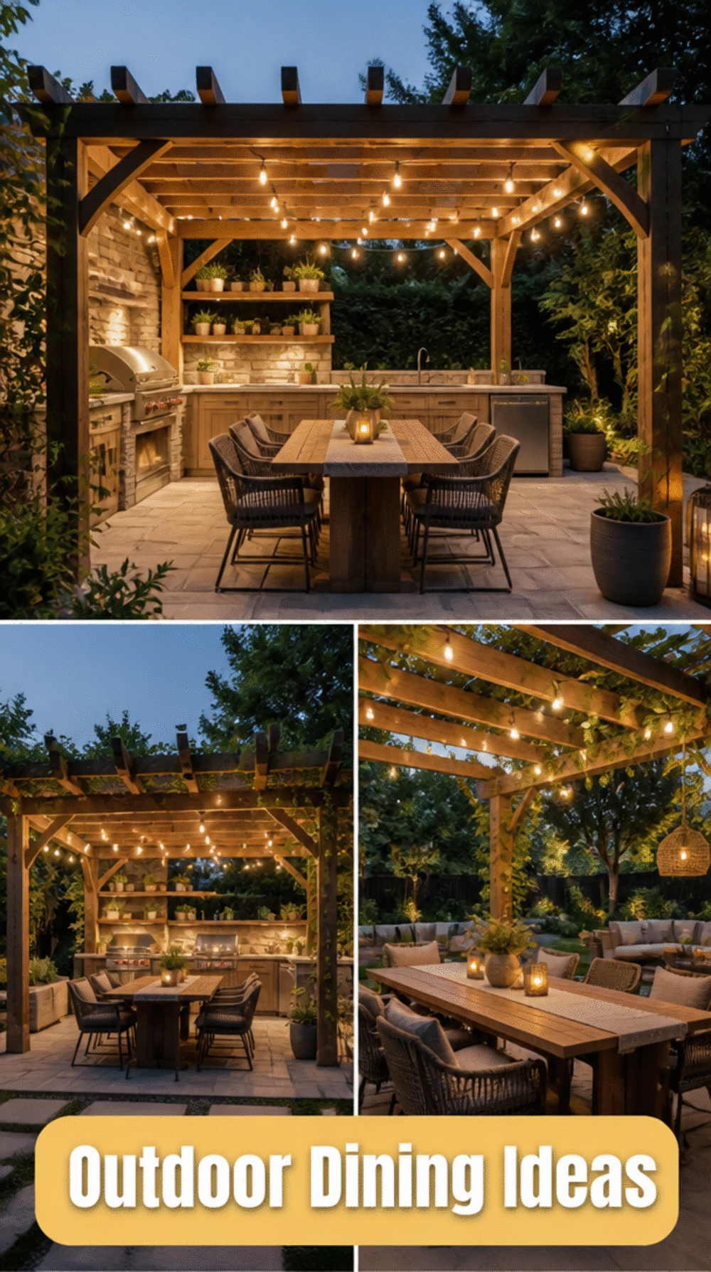Outdoor Kitchen Pergola with String Lights Over a Built-In Dining Table
