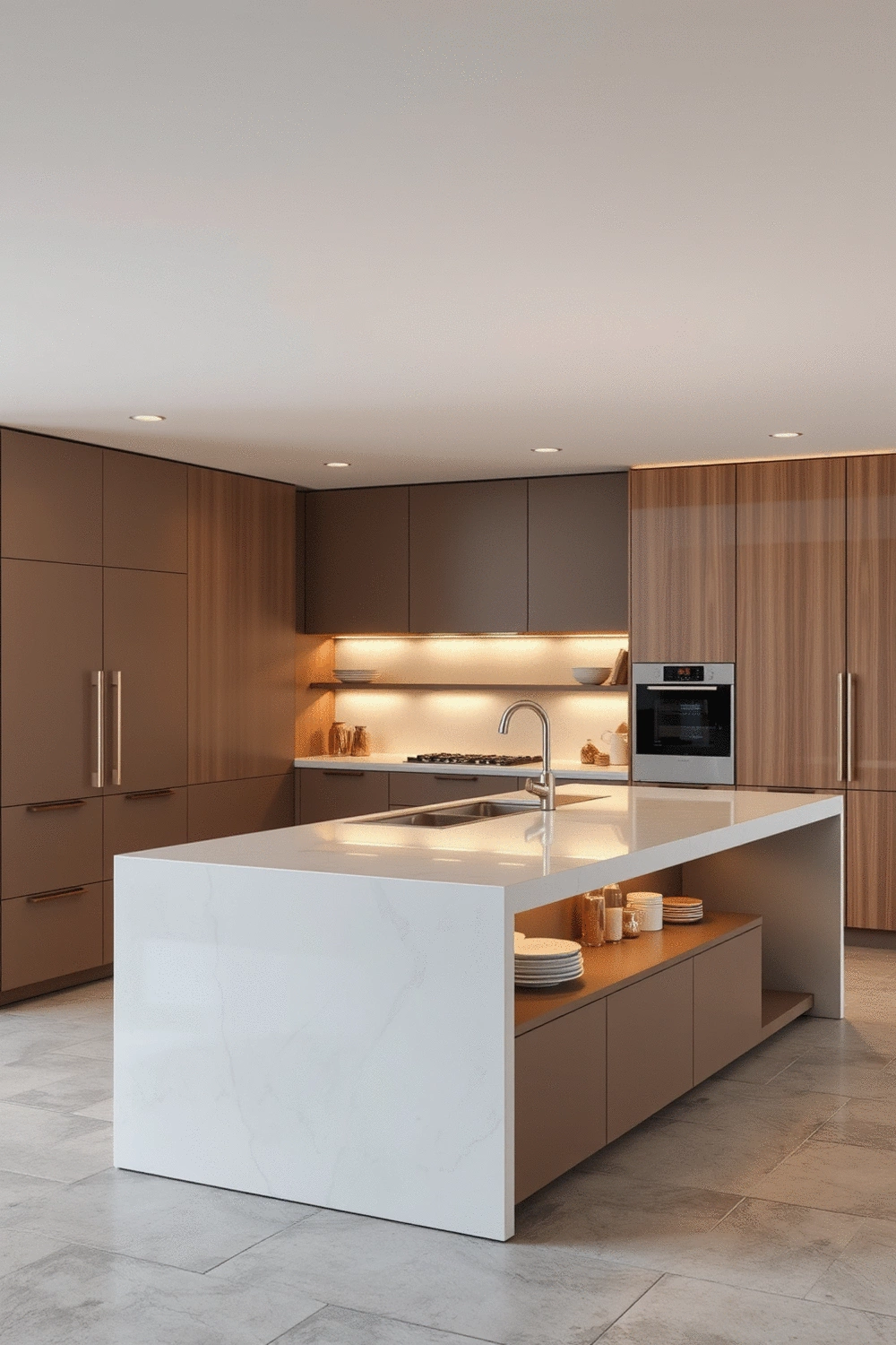Modern kitchen island with ample counter space and integrated storage, showcasing sleek design and warm lighting.