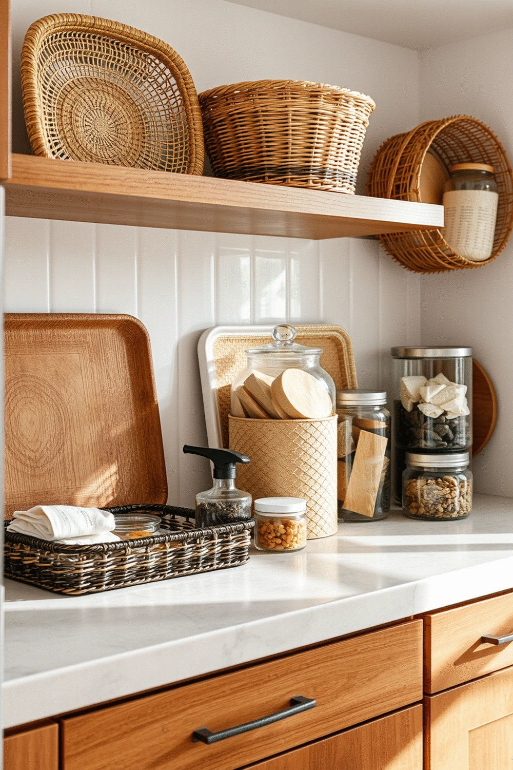 Organized kitchen counter with decorative trays, baskets, and clear containers
