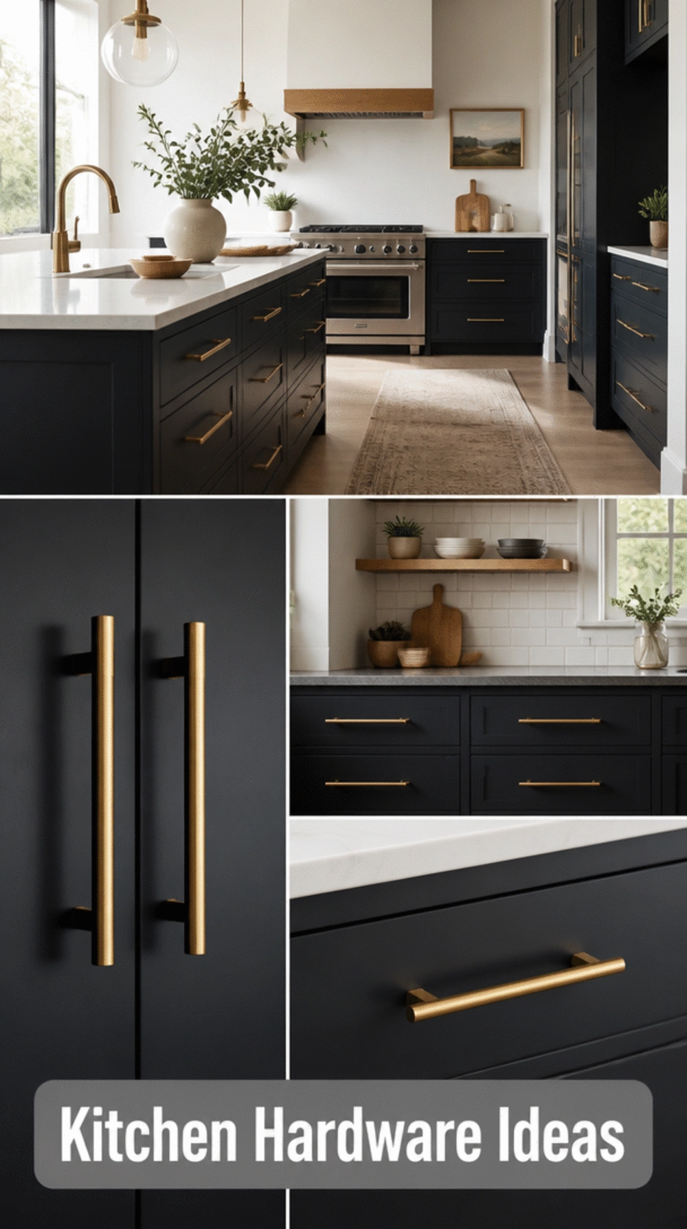 Dark Kitchen Cabinet Lower Row with Slim Brass Bar Pull Hardware