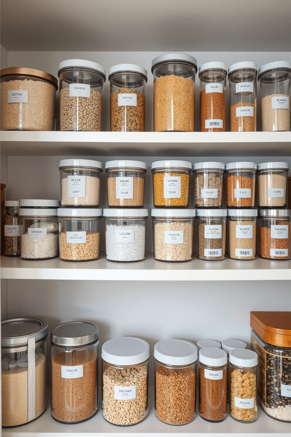 Close-up of neatly organized pantry shelf with various dry goods in uniform clear containers with labels