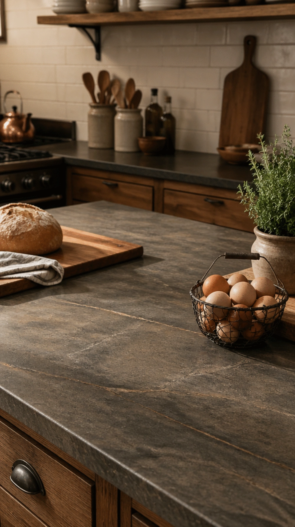 Rustic Kitchen Countertop in Honed Soapstone with a Warm Grain Finish