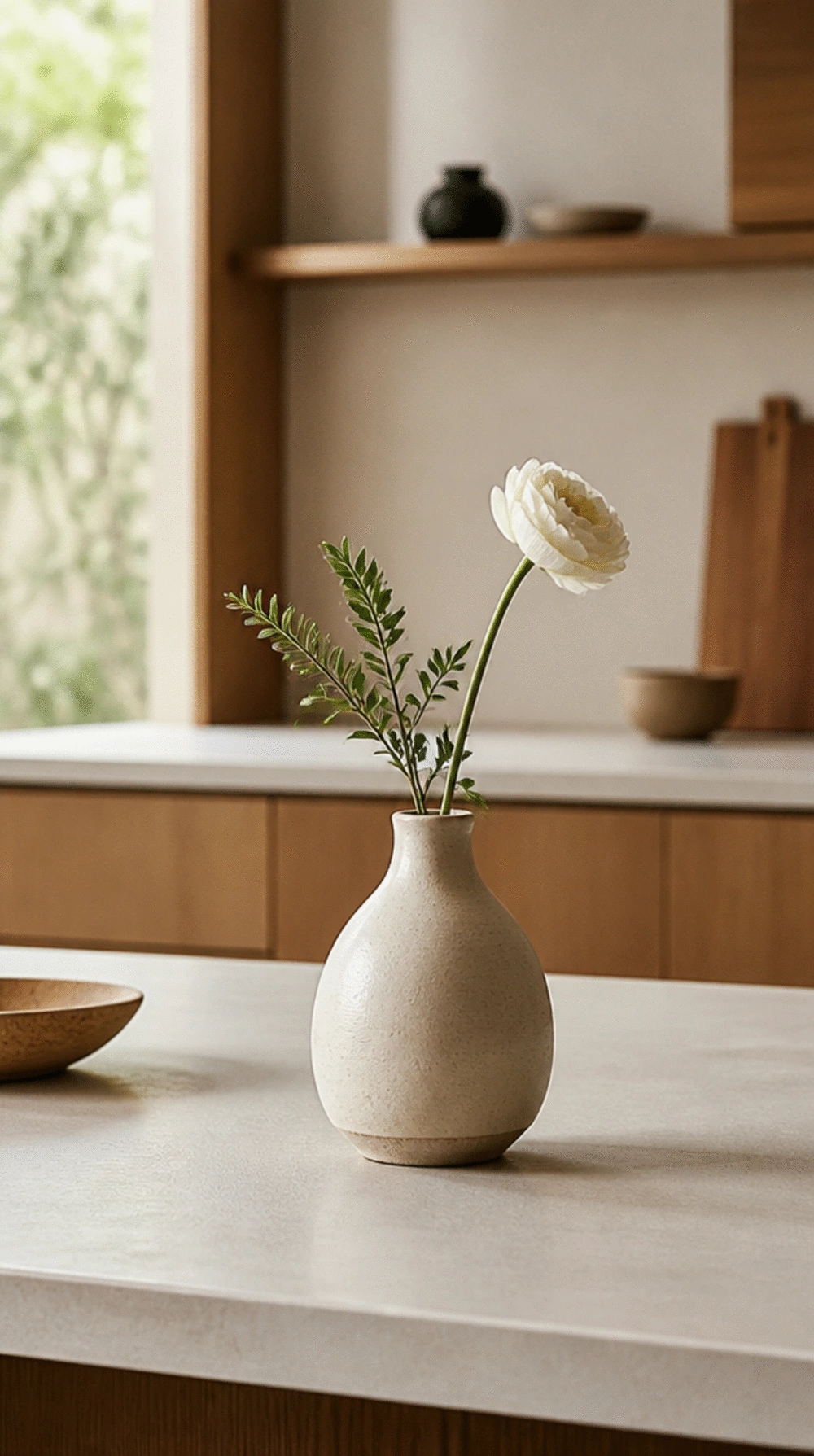 Why a Single Bud Vase on a Japandi Kitchen Counter Changes the Whole Room