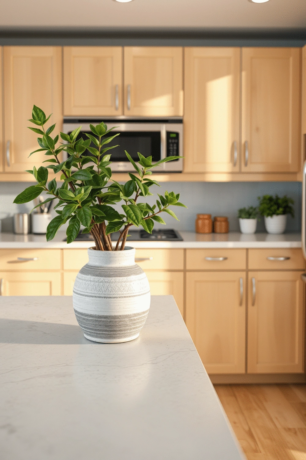 Warm kitchen interior with soft lighting and natural wood textures, a cozy and inviting cooking space.
