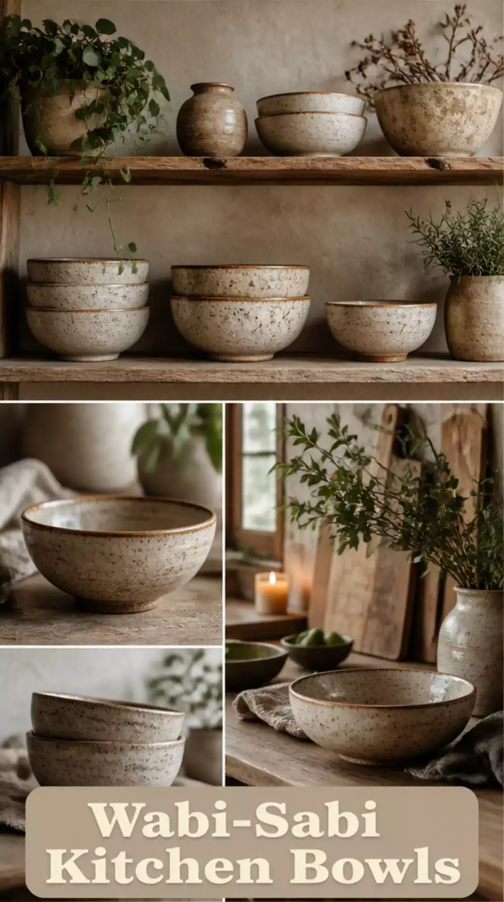 Wabi-Sabi Kitchen Ceramic Bowl Set Displayed on an Open Timber Shelf