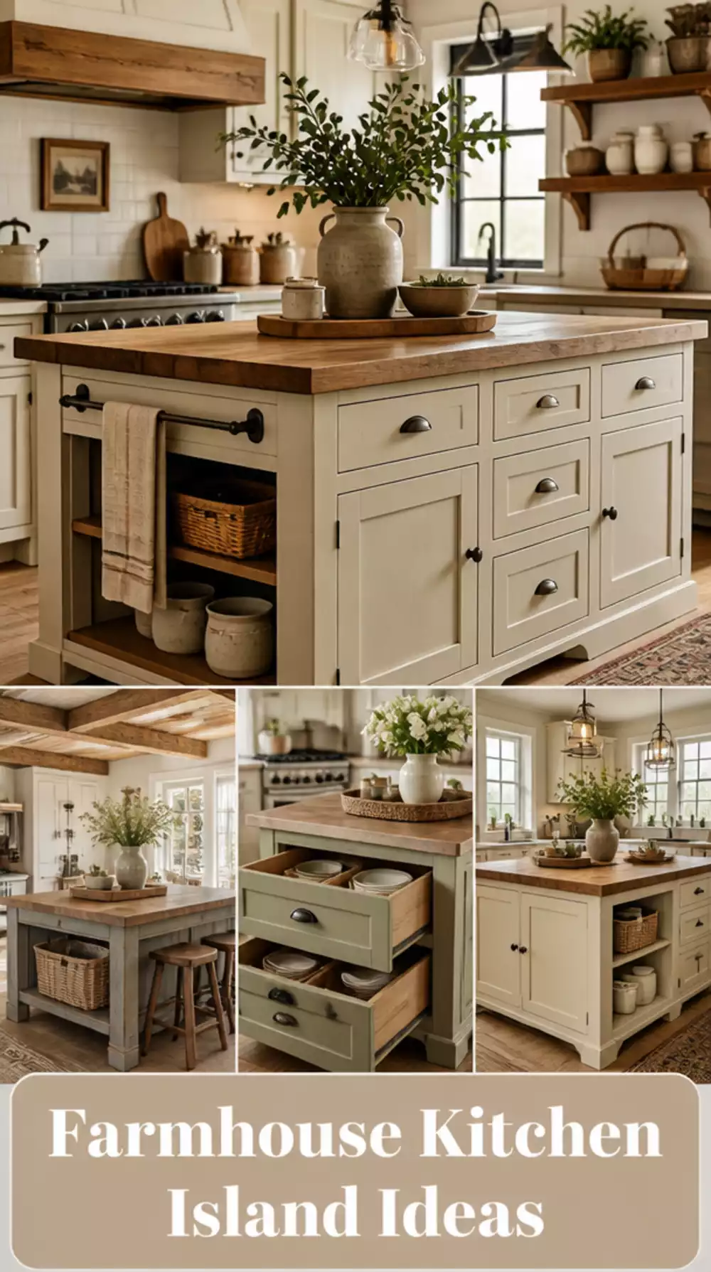 Farmhouse Kitchen Island with Shaker Cabinet Doors and Deep Storage