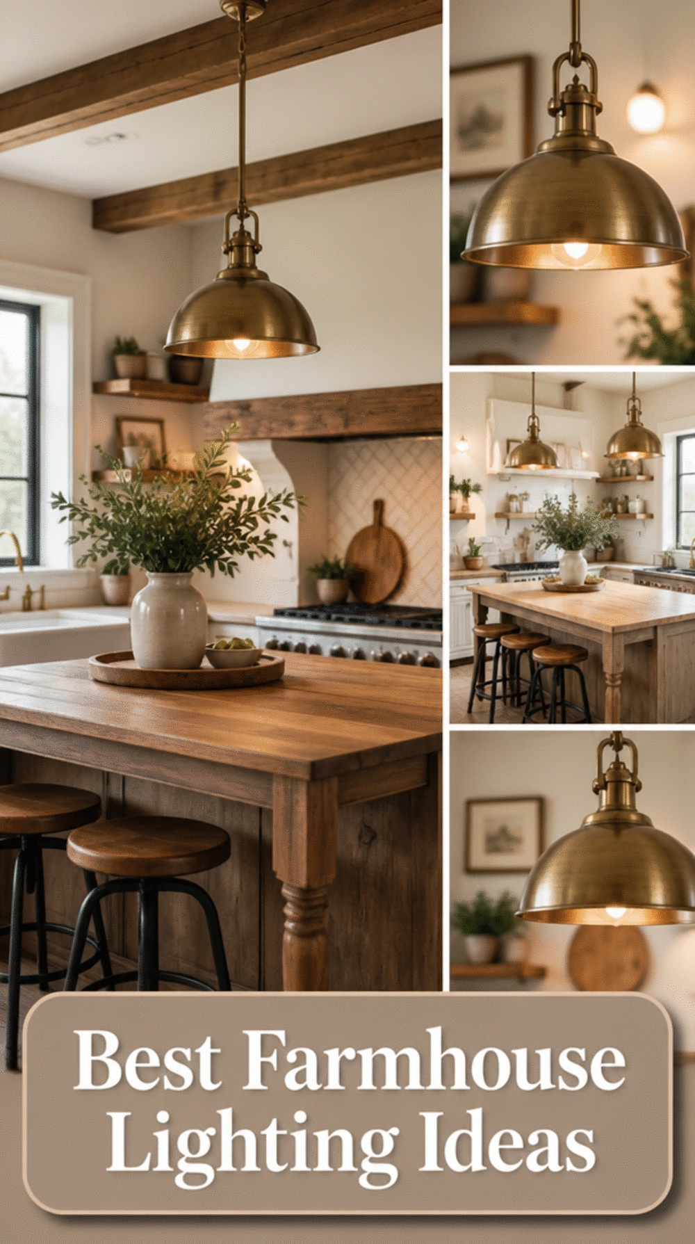 Farmhouse Kitchen Pendant Light in Aged Brass Over a Wooden Island