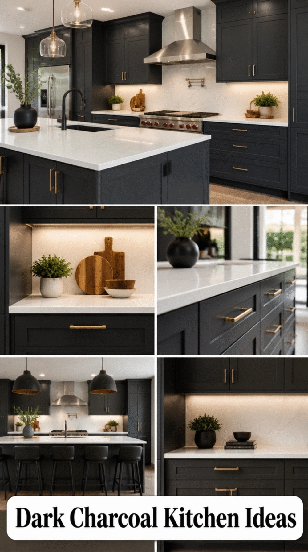 Dark Charcoal Kitchen Base Cabinet with White Quartz Countertop Above