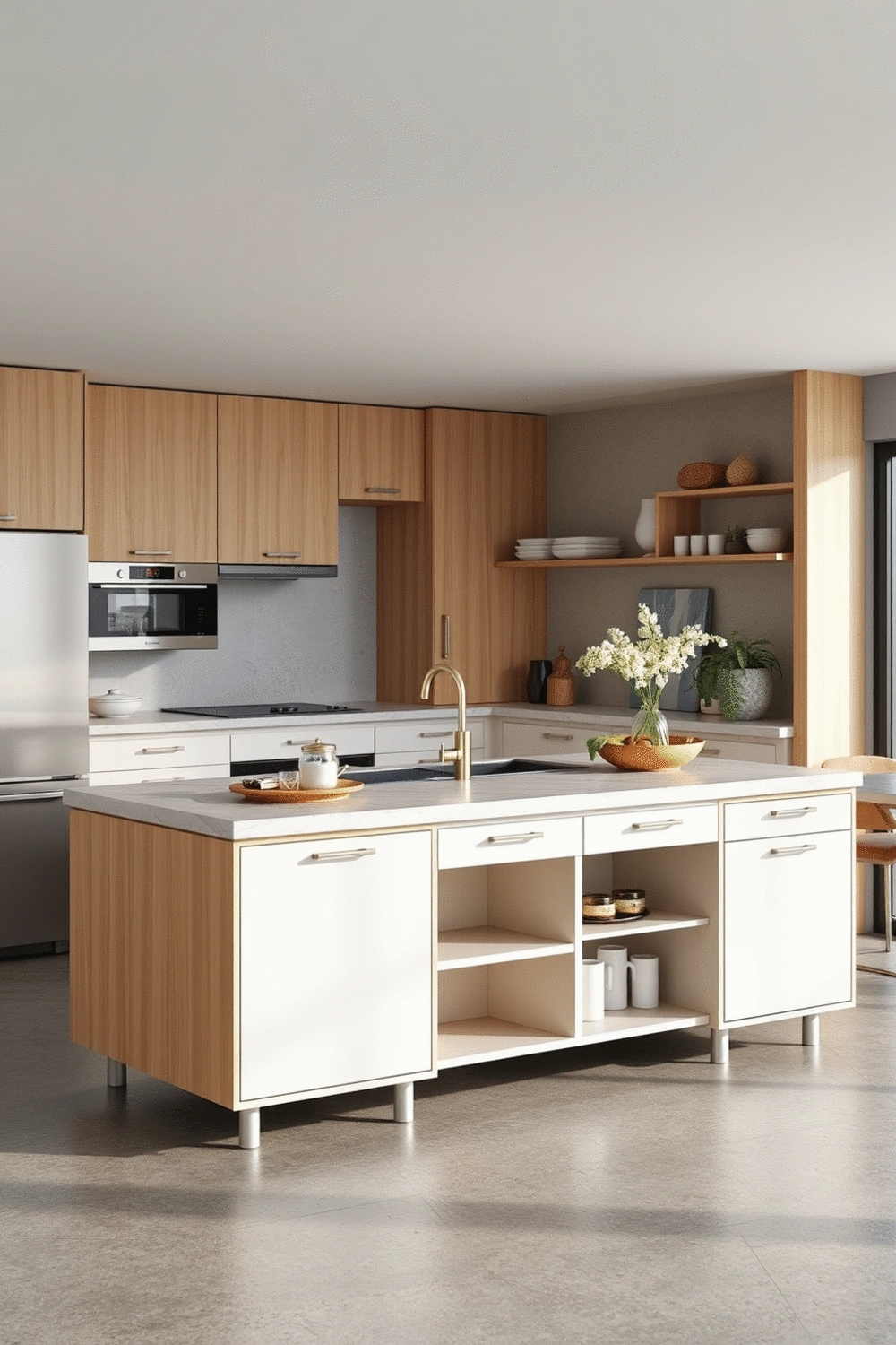 Adjustable kitchen island with modular storage, showcasing flexible design for evolving lifestyle needs.