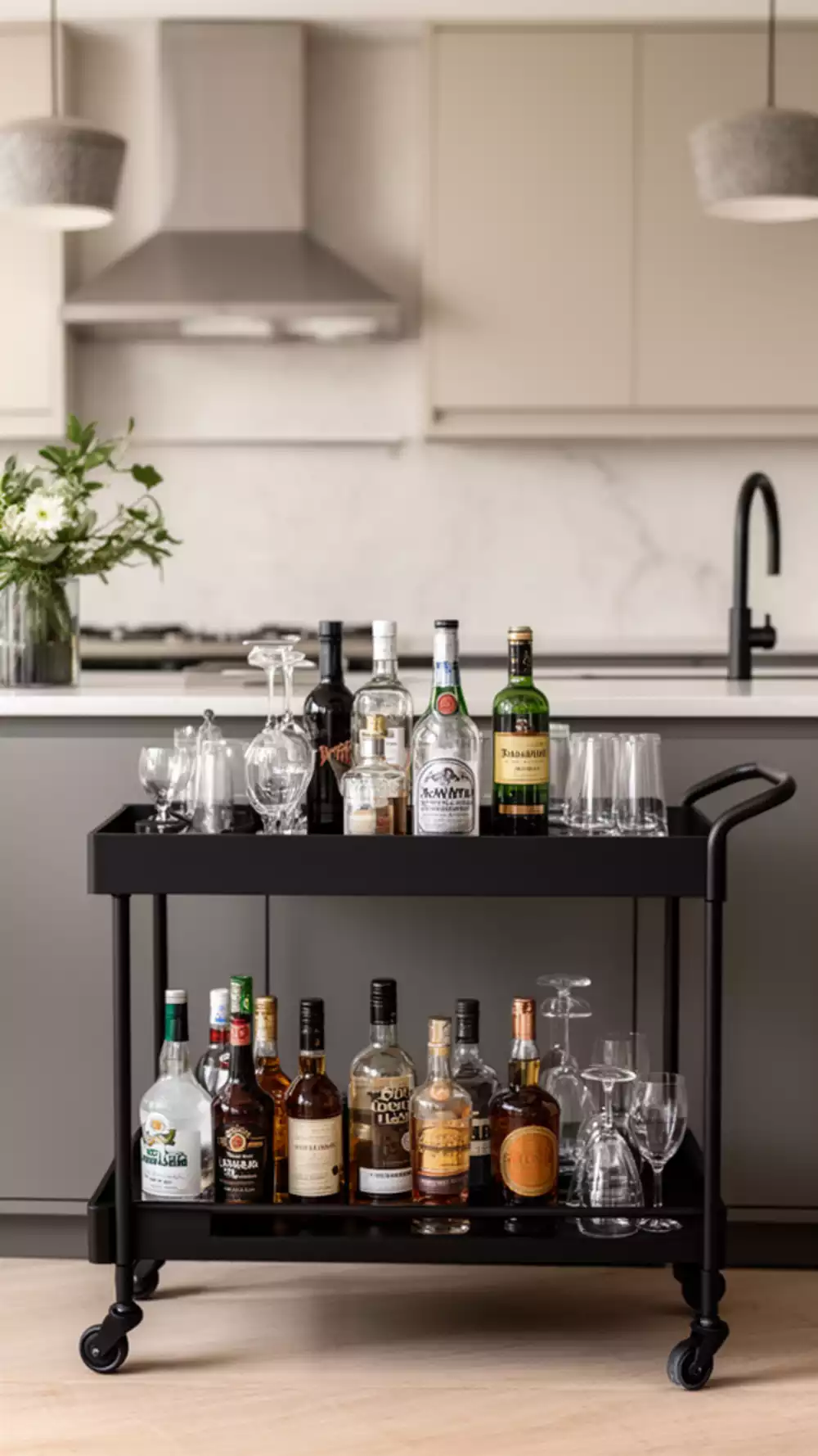 Kitchen Bar Cart in Matte Black with Bottle Holders and a Lower Glass Shelf