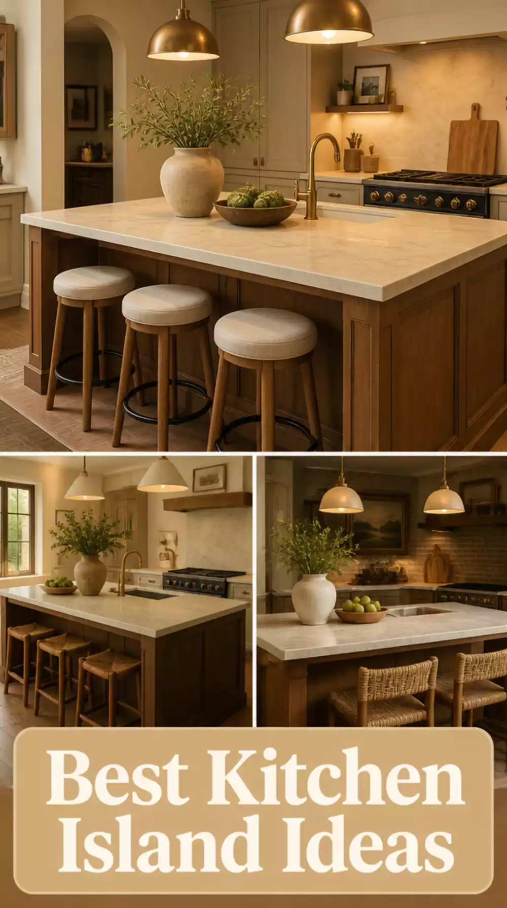 Warm Wood Kitchen Island Topped with a Honed Marble Slab in Warm Cream