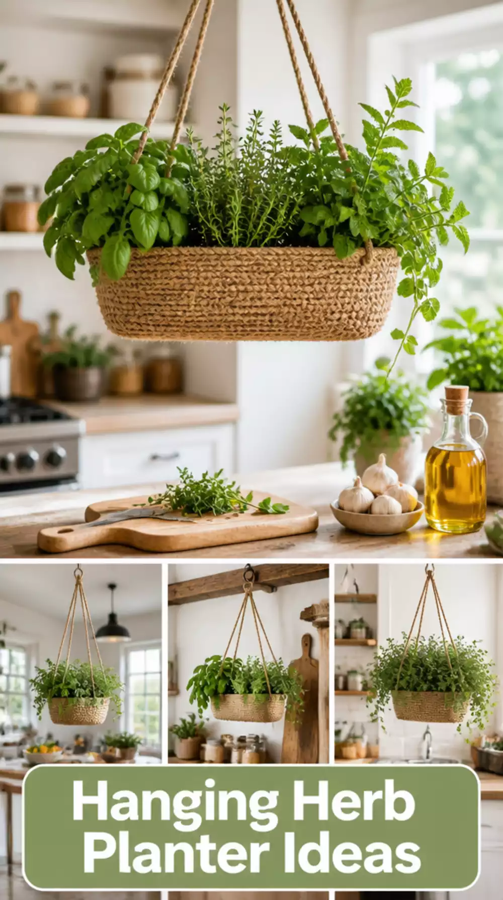 Kitchen Hanging Herb Planter in Woven Jute Above the Prep Counter