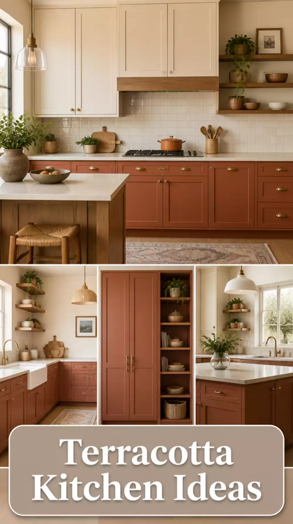 Warm Terracotta Kitchen Lower Cabinet Paired with Cream Shaker Uppers