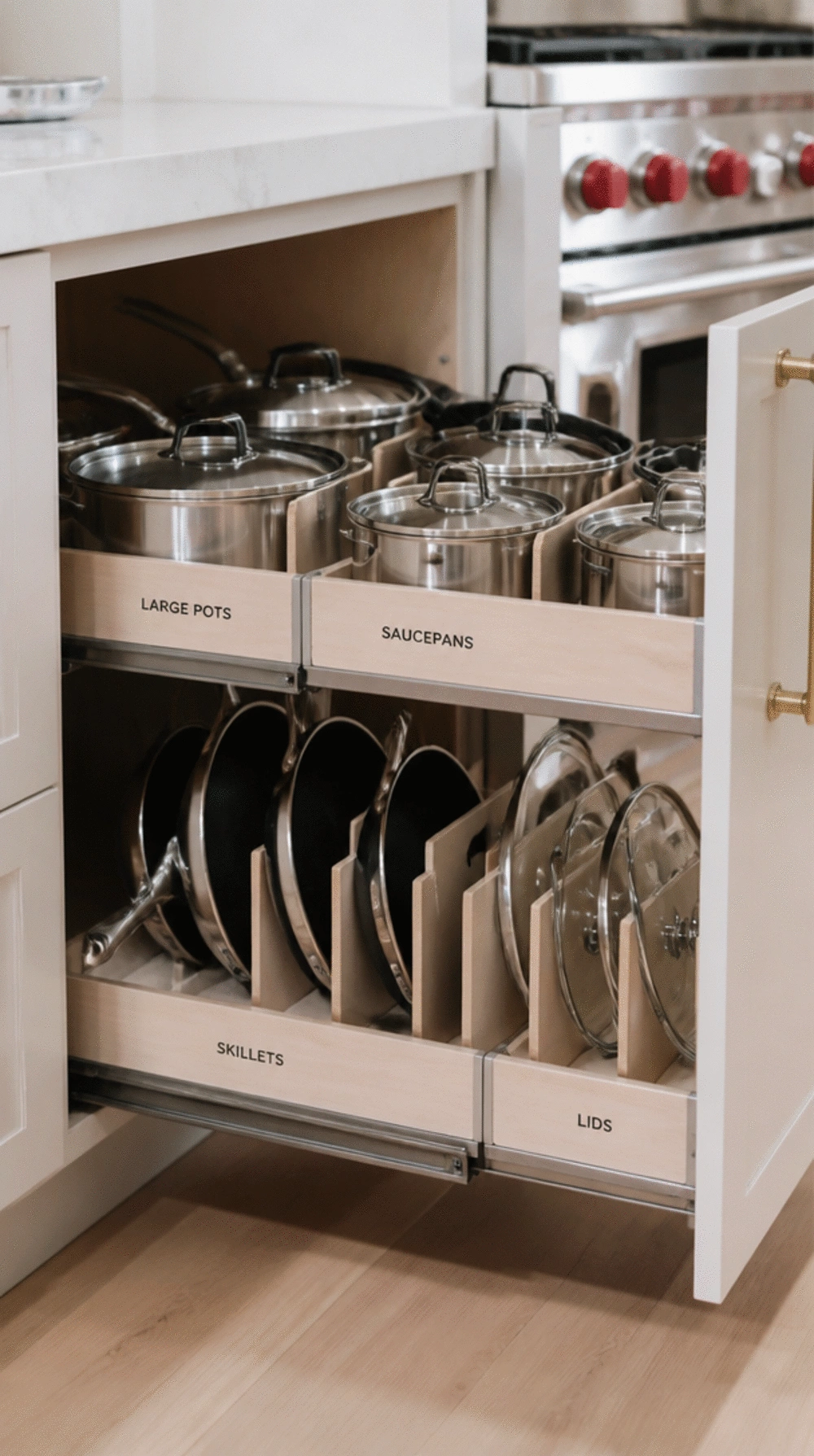 Kitchen Cabinet Pull-Out Organiser That Sorts Pots Pans and Lids Separately