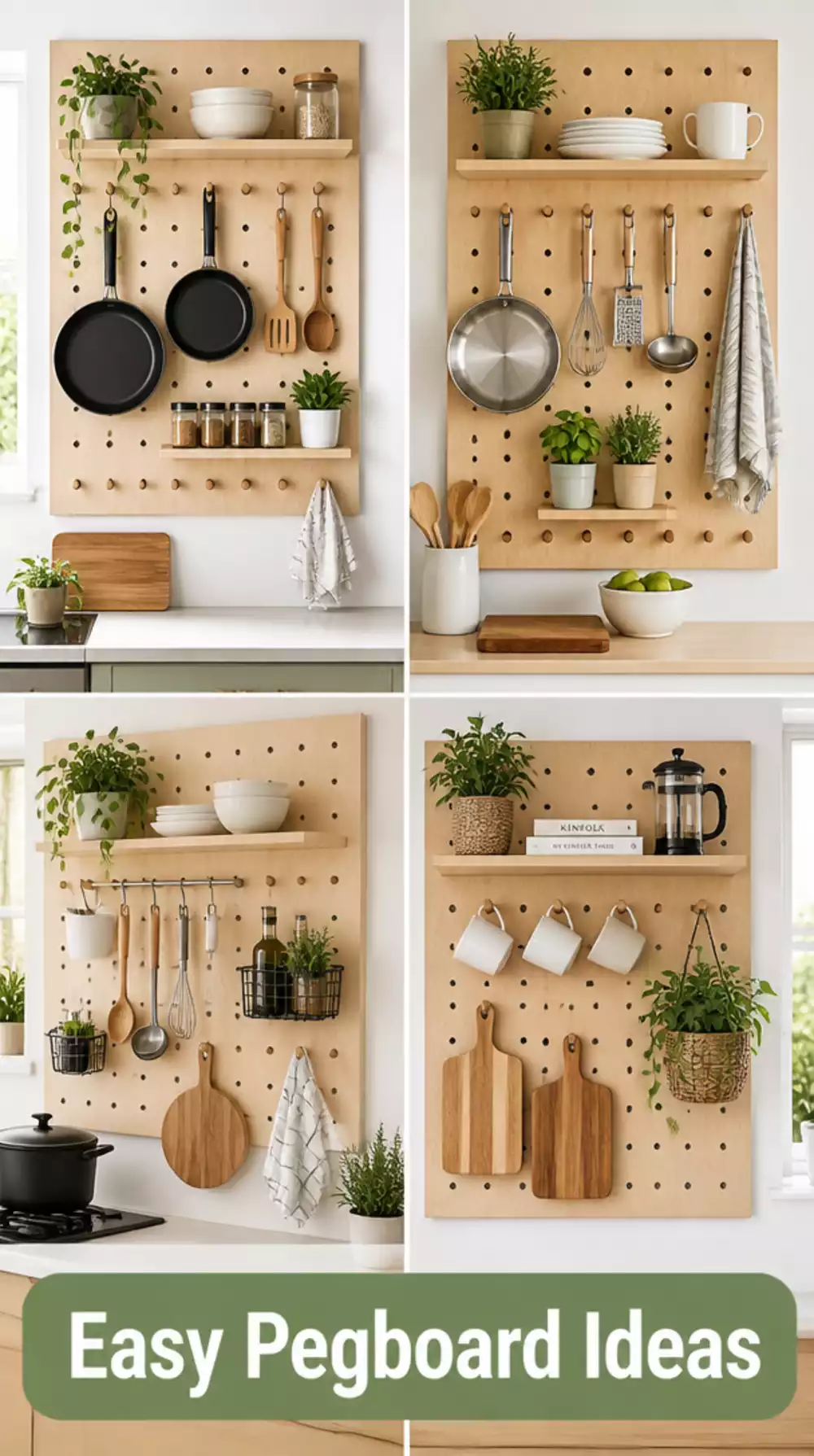Kitchen Pegboard in Natural Birch Plywood with Hooks for Pots and Utensils