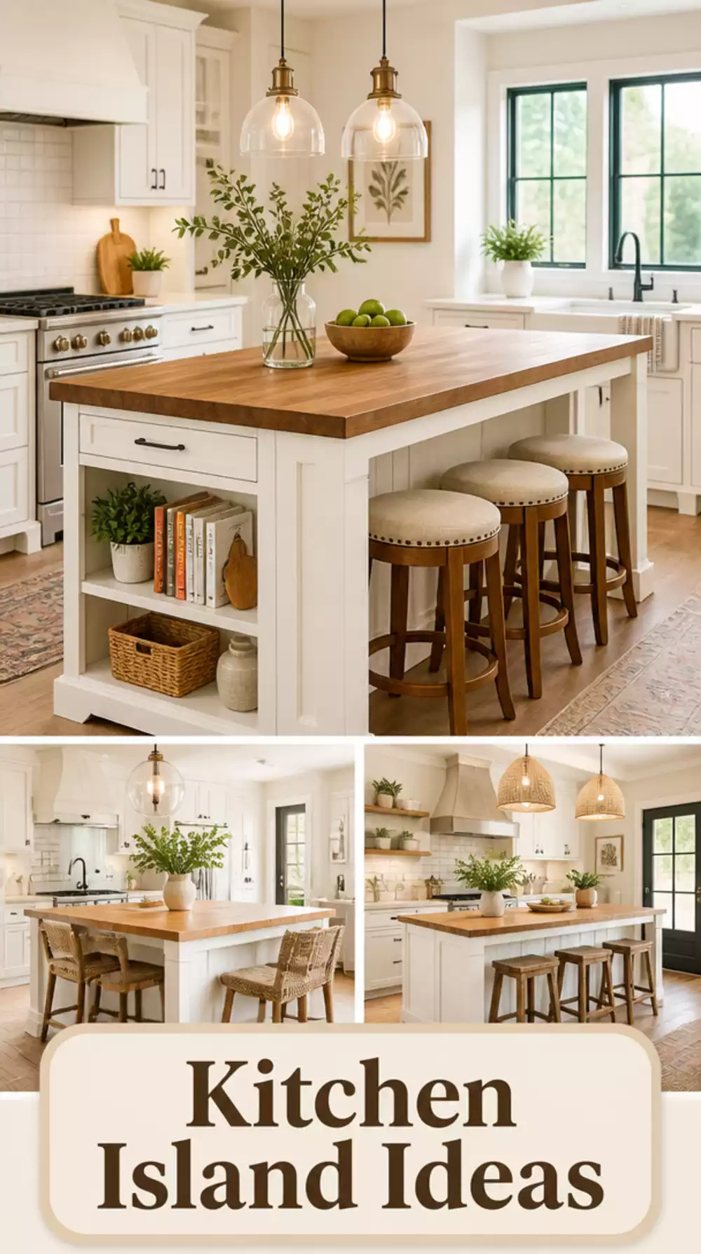 White Kitchen Island with a Butcher Block Top for a Warm Contrast