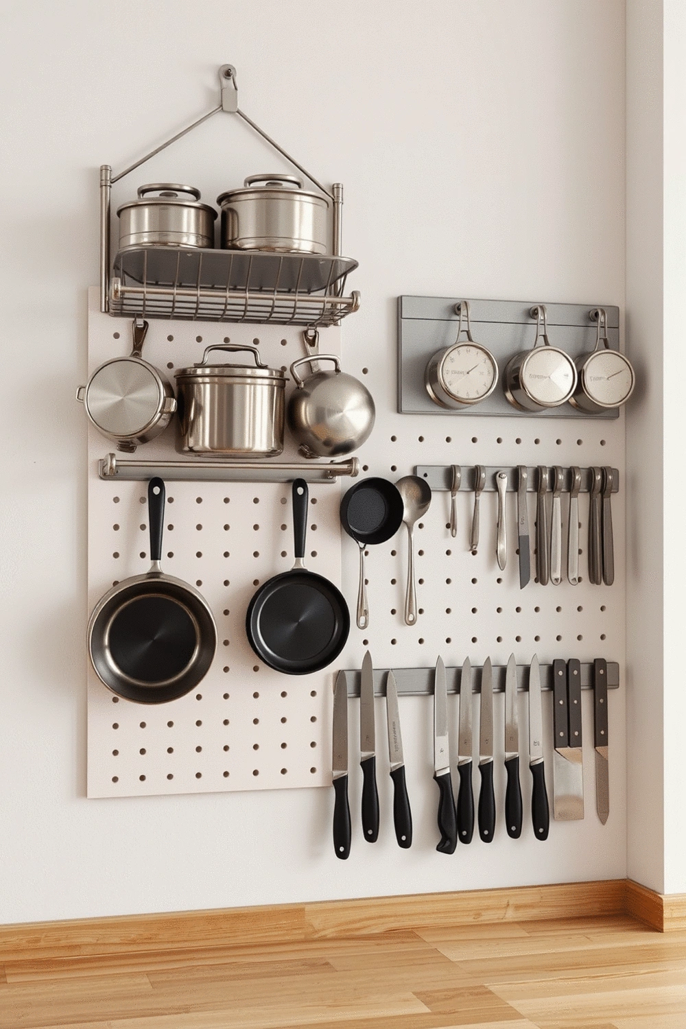 Kitchen with wall-mounted racks for pots and pans, and a pegboard with kitchen tools