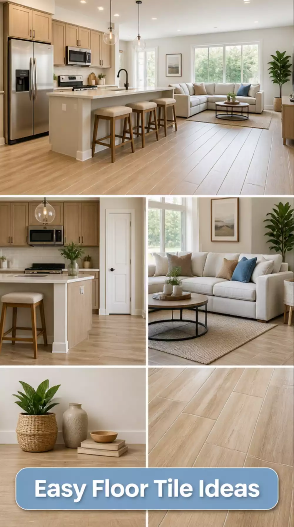 Open Kitchen Living Room Flow Using a Consistent Floor Tile Throughout