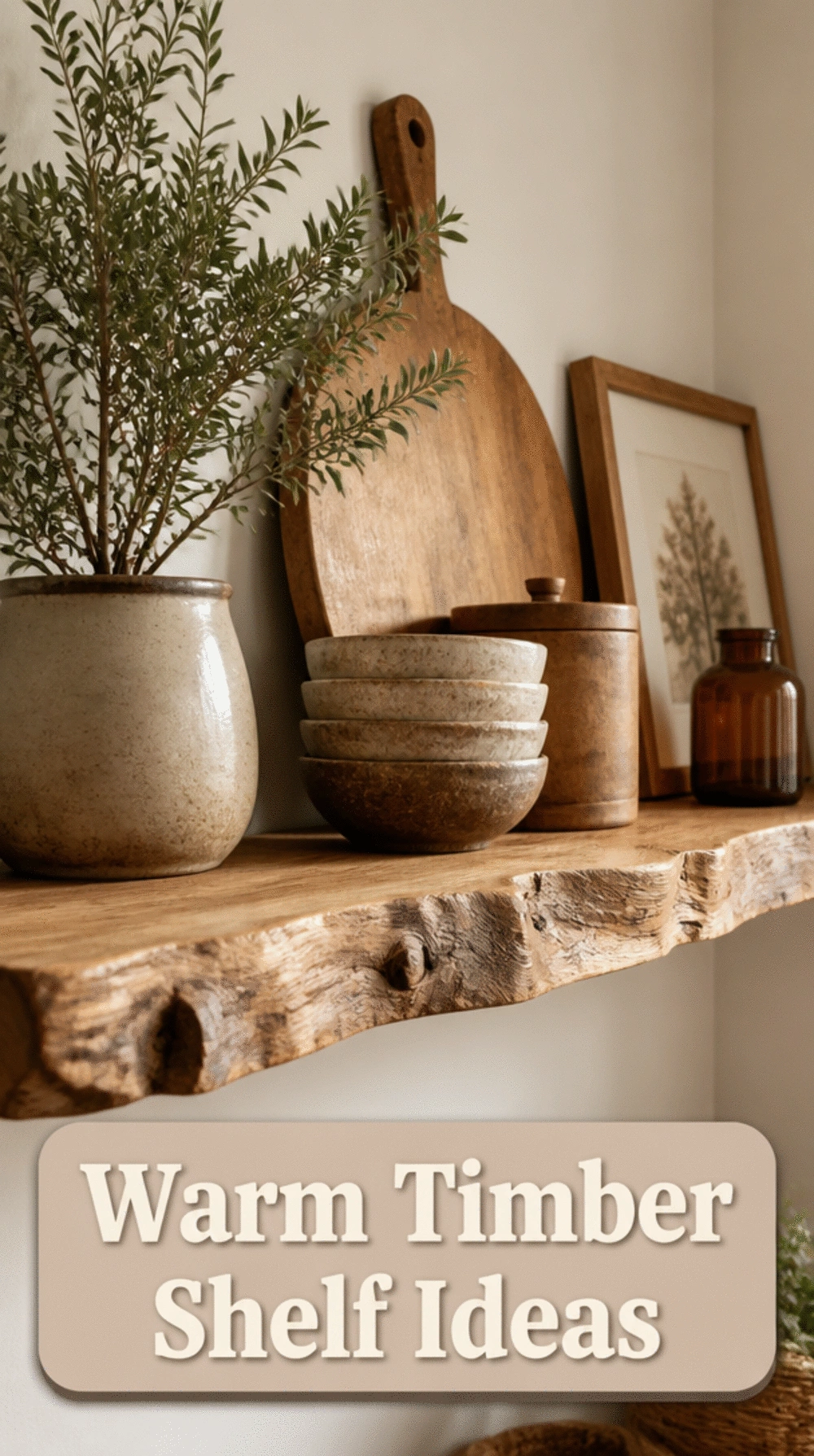 Warm Timber Kitchen Floating Shelf with Visible Raw Edge and Natural Grain