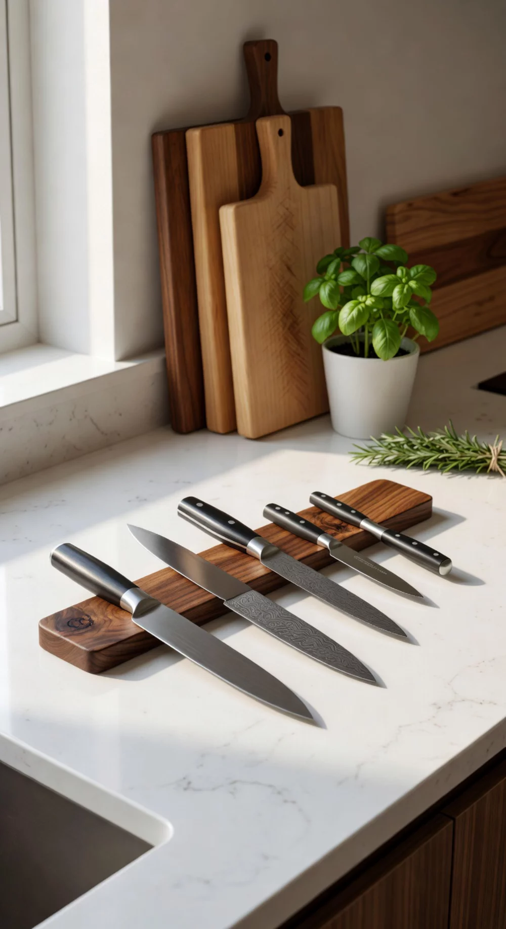 Kitchen Magnetic Knife Strip in Walnut Wood Mounted Above the Prep Area