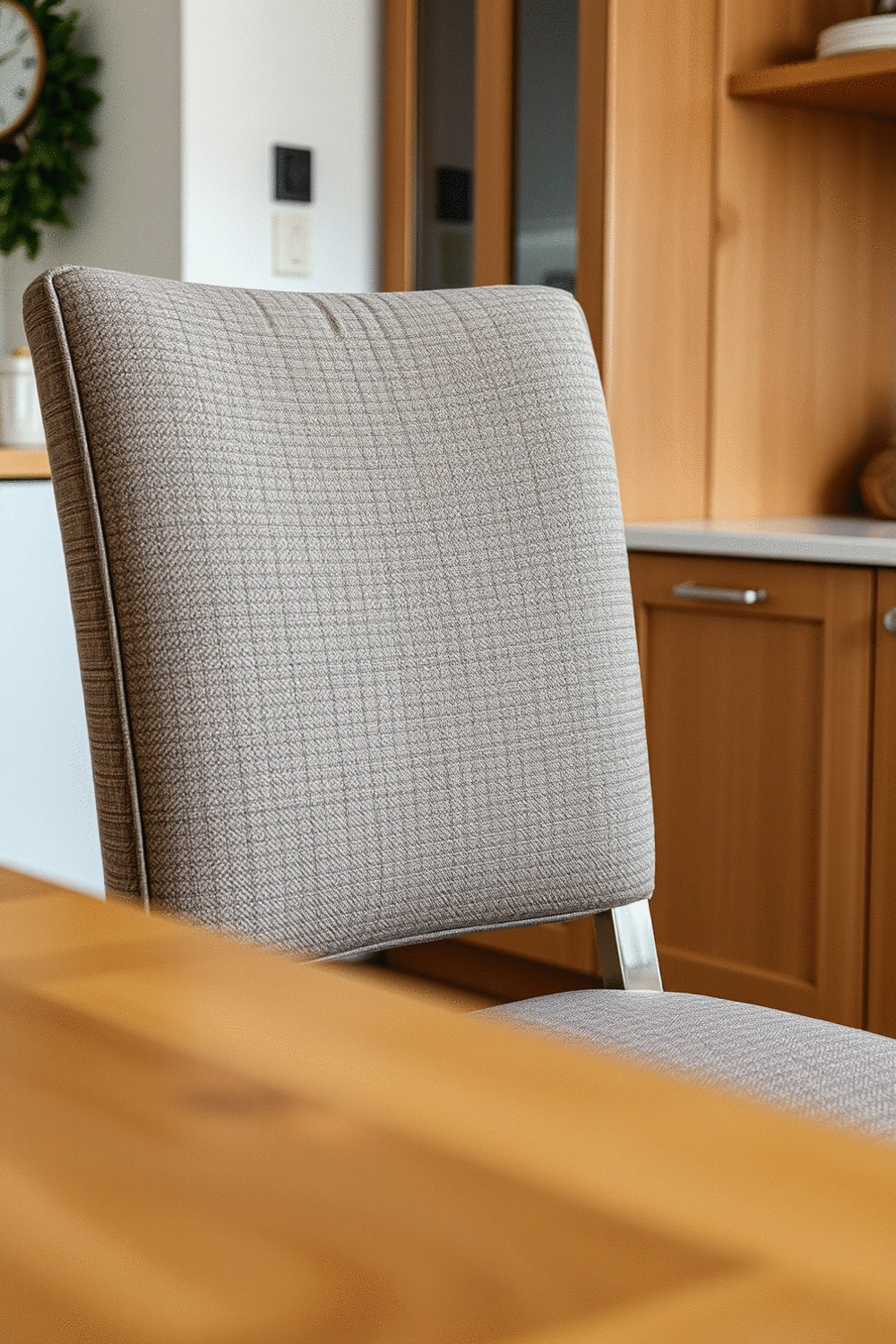 Close-up of a well-cushioned dining chair at a kitchen table, showing detailed fabric texture and sturdy construction.