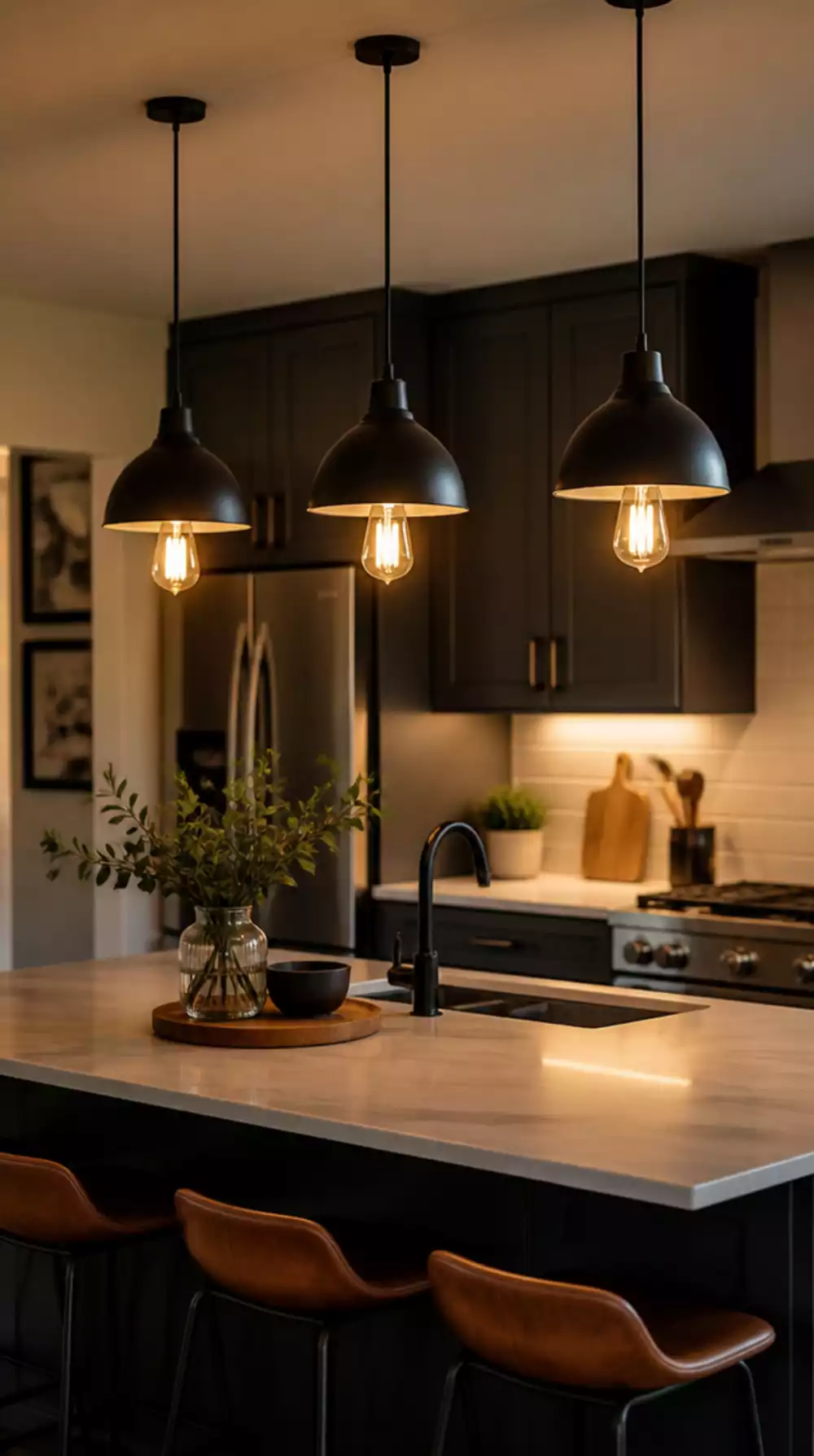 Kitchen Island Pendant Lights in Matte Black with Warm Edison Bulbs