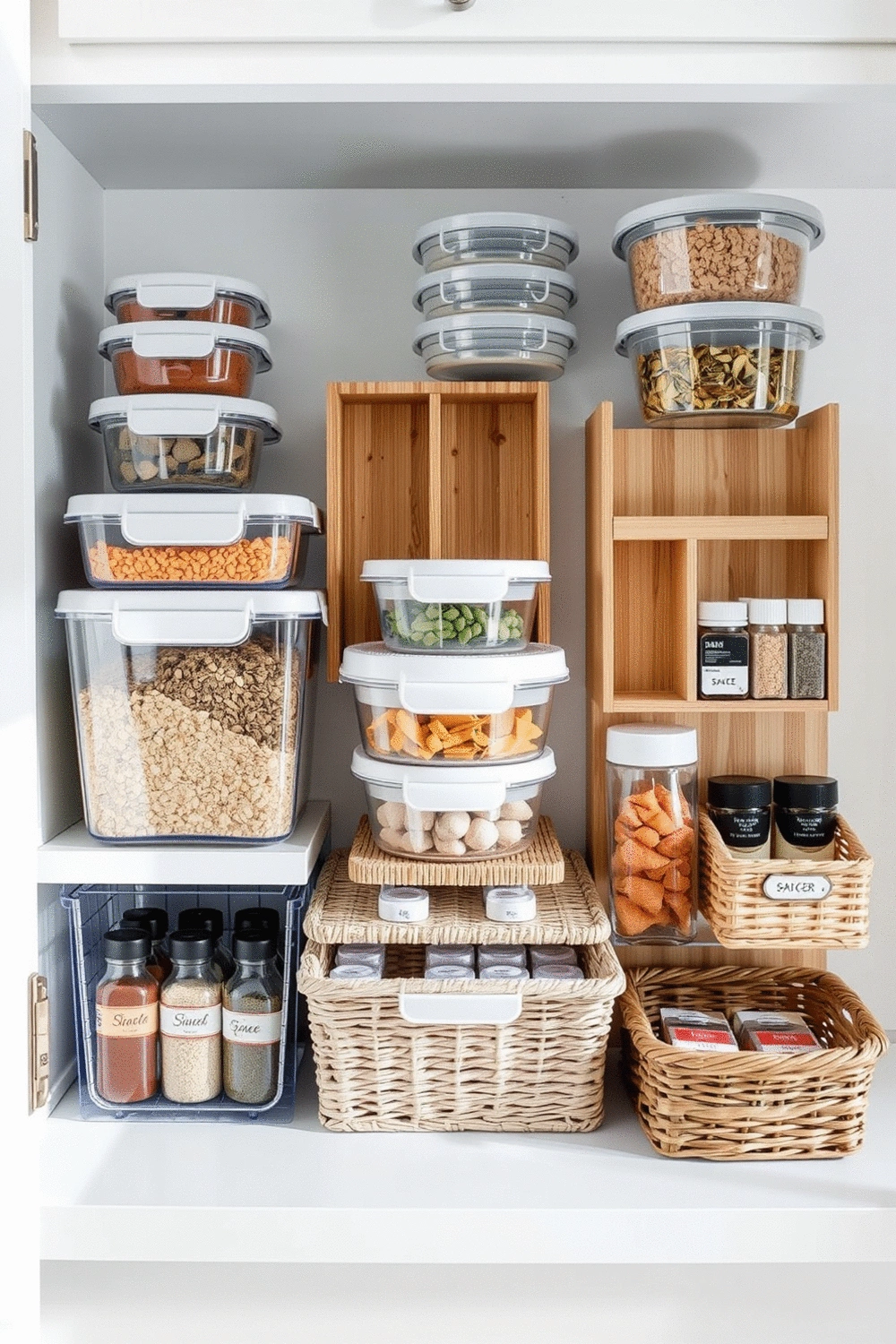 Various pantry organization tools like clear airtight containers, drawer dividers, and tiered shelves